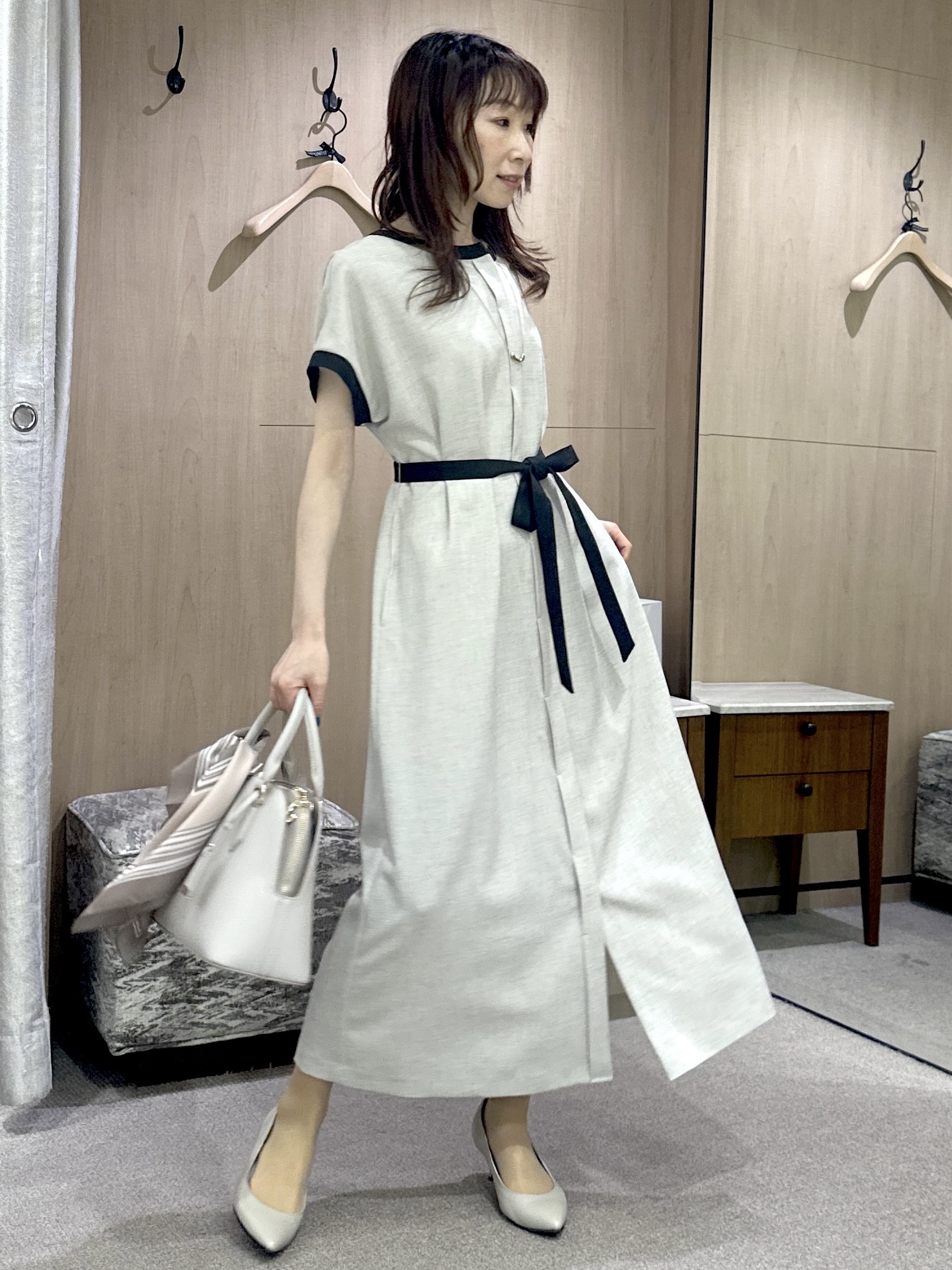 Miwaさんの「UNTITLED｜【接触冷感/UVカット/イージーケア】配色ラインワンピース」を使ったコーディネート