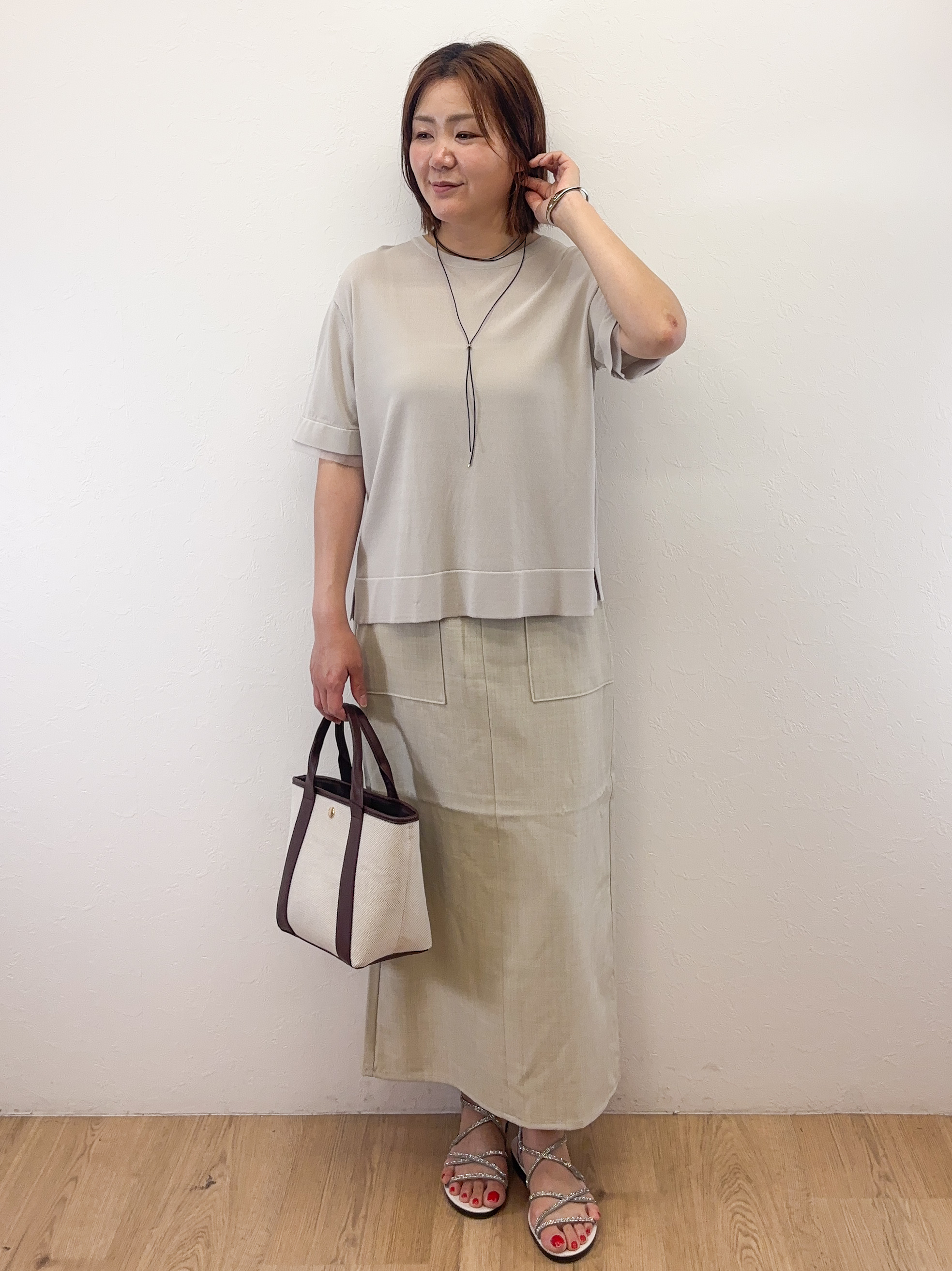 Takeさんの「OPAQUE.CLIP｜【UV／接触冷感／抗ピル】シアー＆レイヤード風さらりニット《洗濯機OK》」を使ったコーディネート
