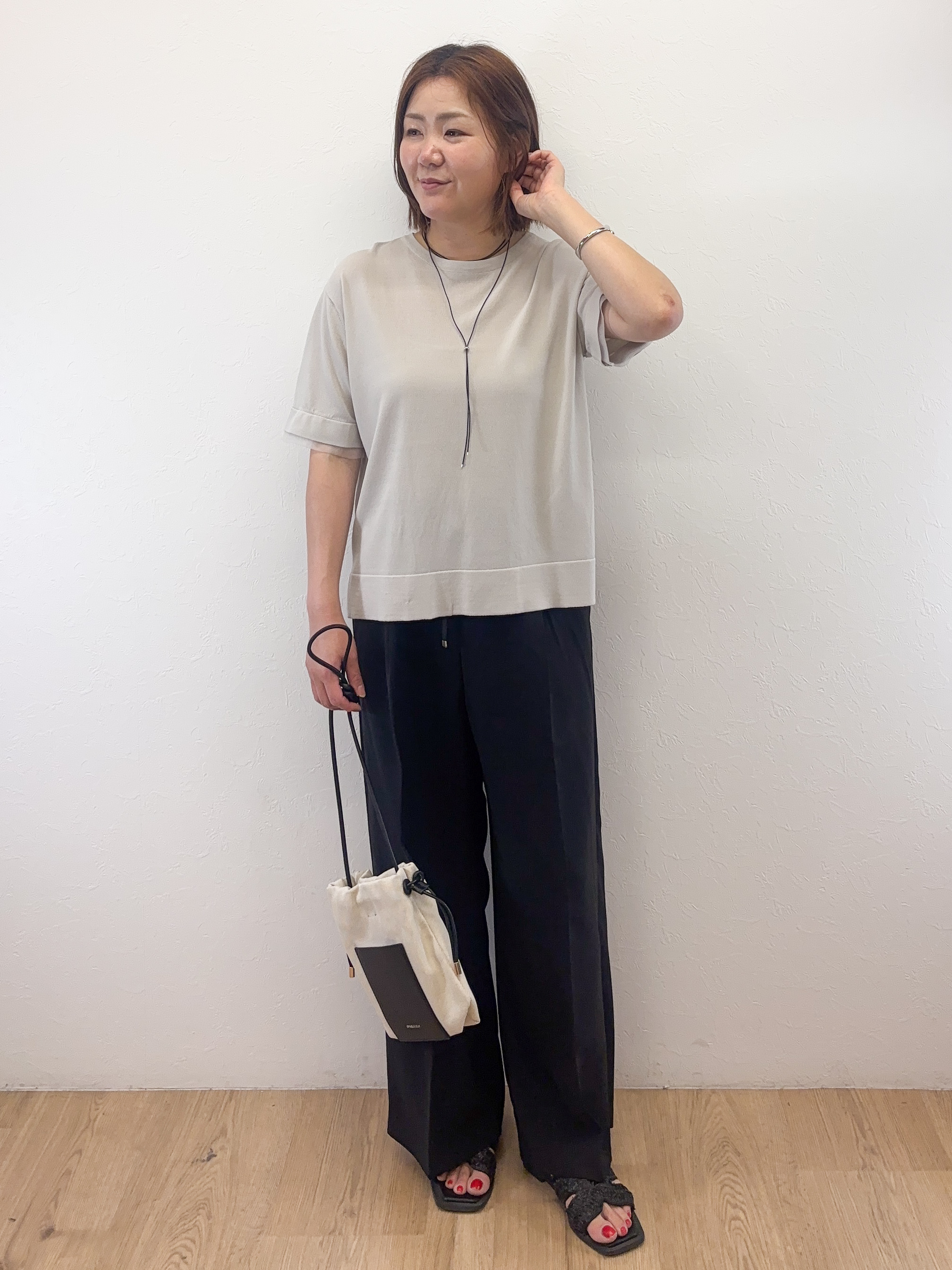 Takeさんの「OPAQUE.CLIP｜【UV／接触冷感／抗ピル】シアー＆レイヤード風さらりニット《洗濯機OK》」を使ったコーディネート