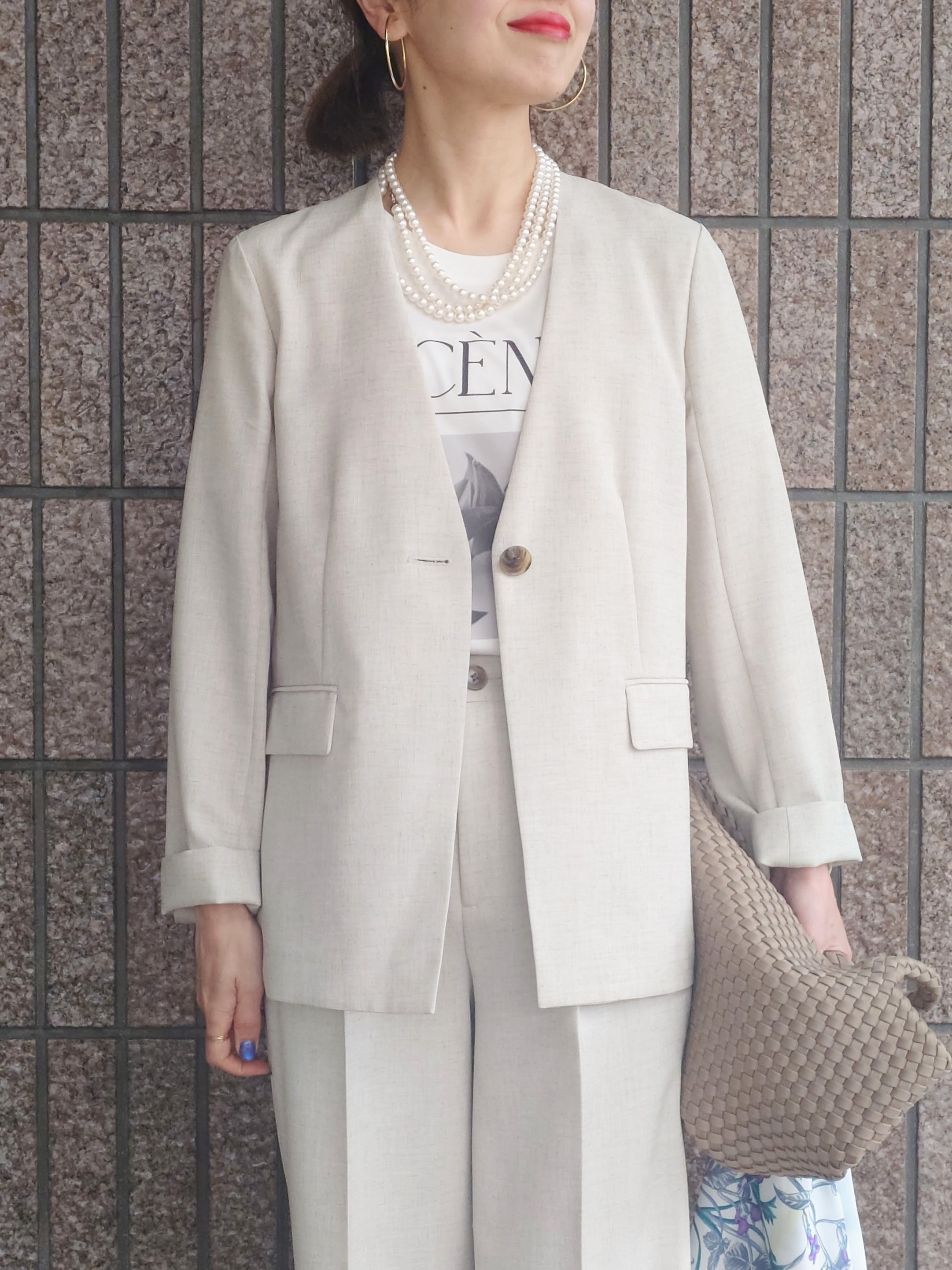 MUTSUKOさんの「UNTITLED｜◆【さらりと快適/セットアップ可/UV/接触冷感】スラブカラーレスジャケット」を使ったコーディネート