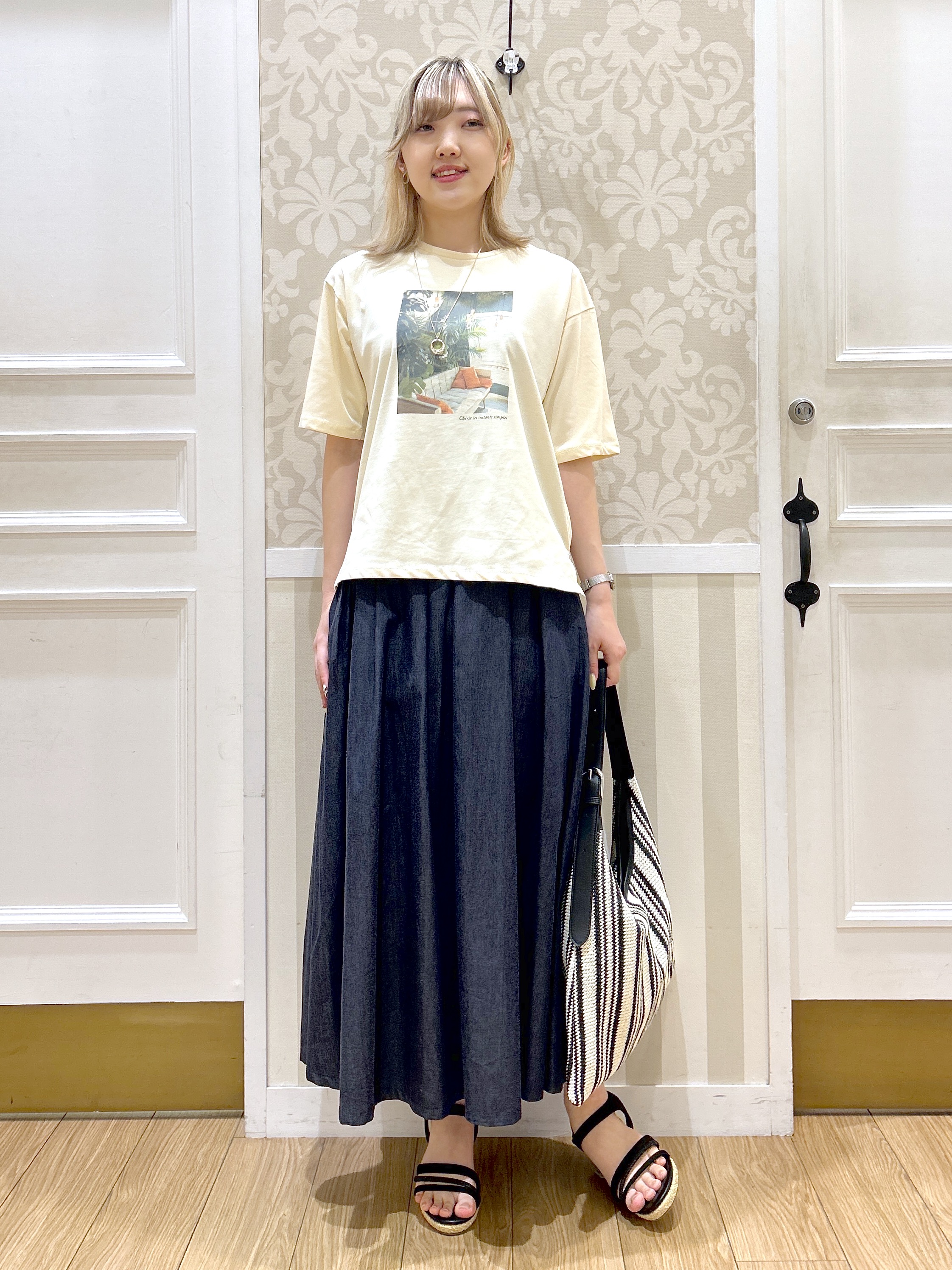 望 愛さんの「grove｜【UVカット/接触冷感】プリントアソート5分袖Tシャツ」を使ったコーディネート
