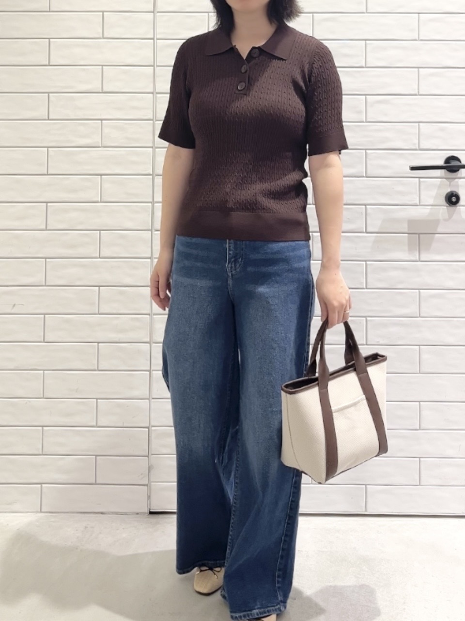 しおりさんの「OPAQUE.CLIP｜【UV／接触冷感】ケーブルポロニット《洗濯機OK／抗ピル》」を使ったコーディネート