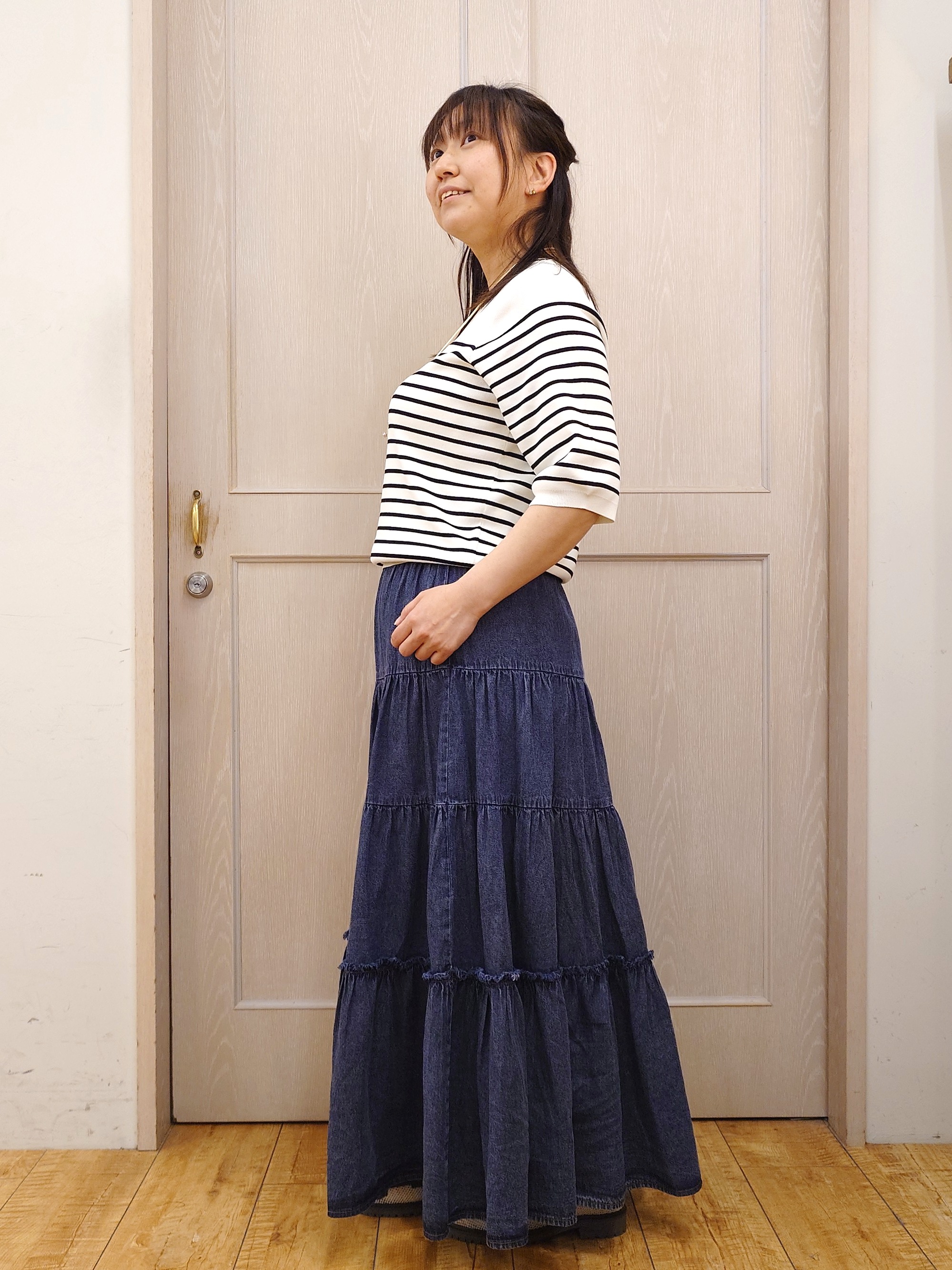 とろろさんの「SHOO･LA･RUE｜【毎日洗える/S-LL/UV】上半身すっきり 二の腕見せない5分袖ニット」を使ったコーディネート