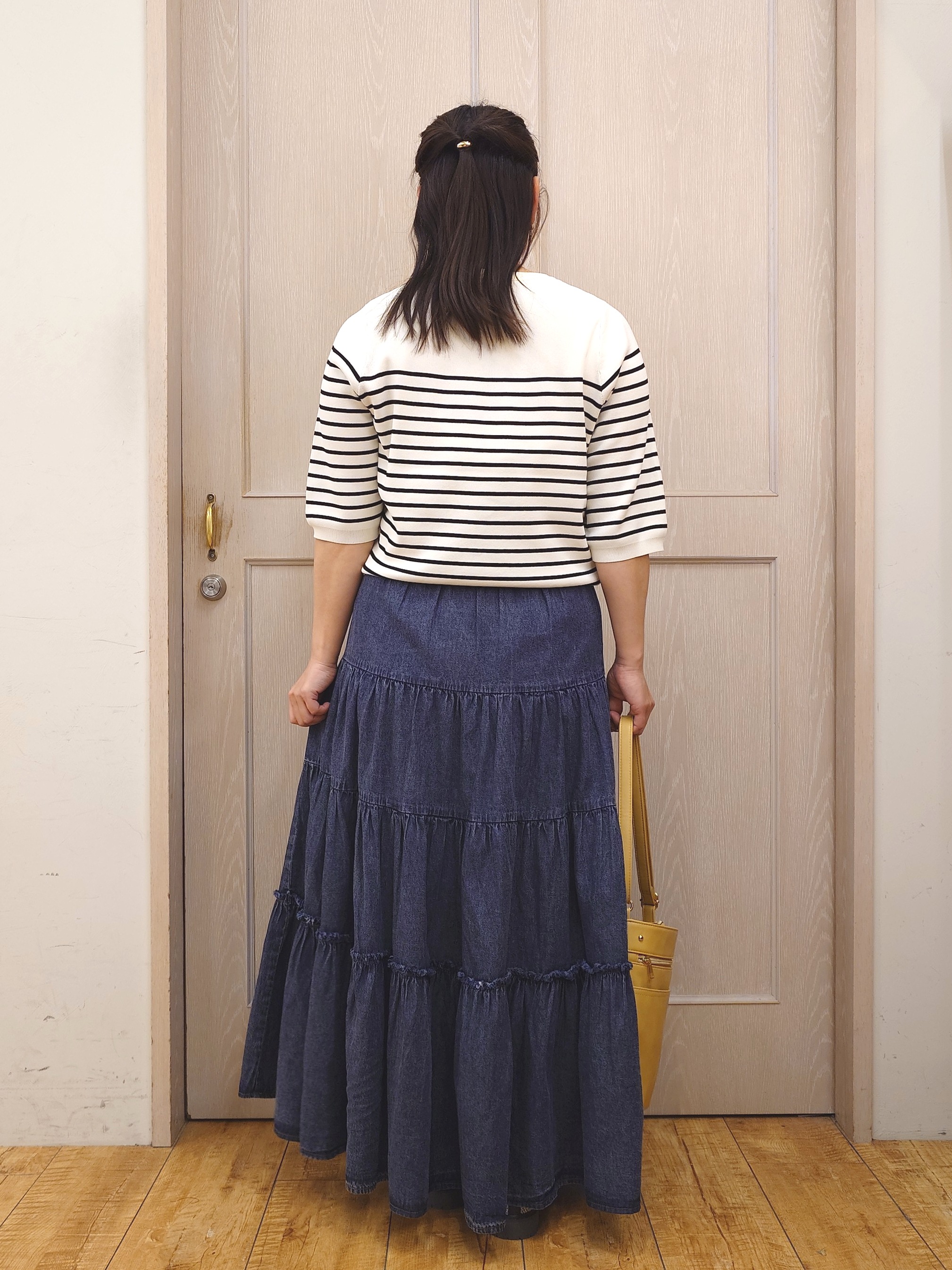 とろろさんの「SHOO･LA･RUE｜【毎日洗える/S-LL/UV】上半身すっきり 二の腕見せない5分袖ニット」を使ったコーディネート