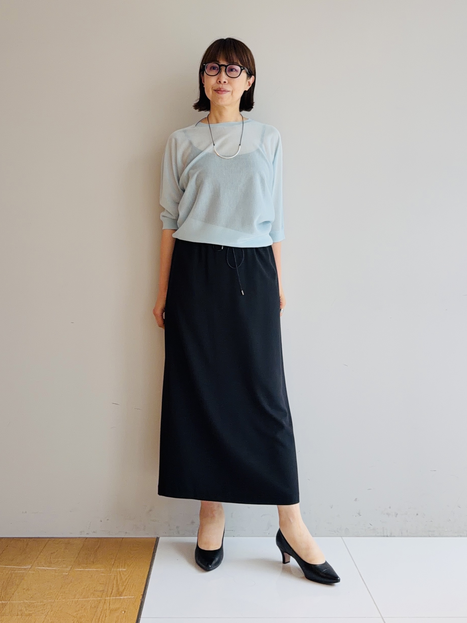 murayamaさんの「INDIVI｜【体型カバー／洗える】シアードルマンニット」を使ったコーディネート