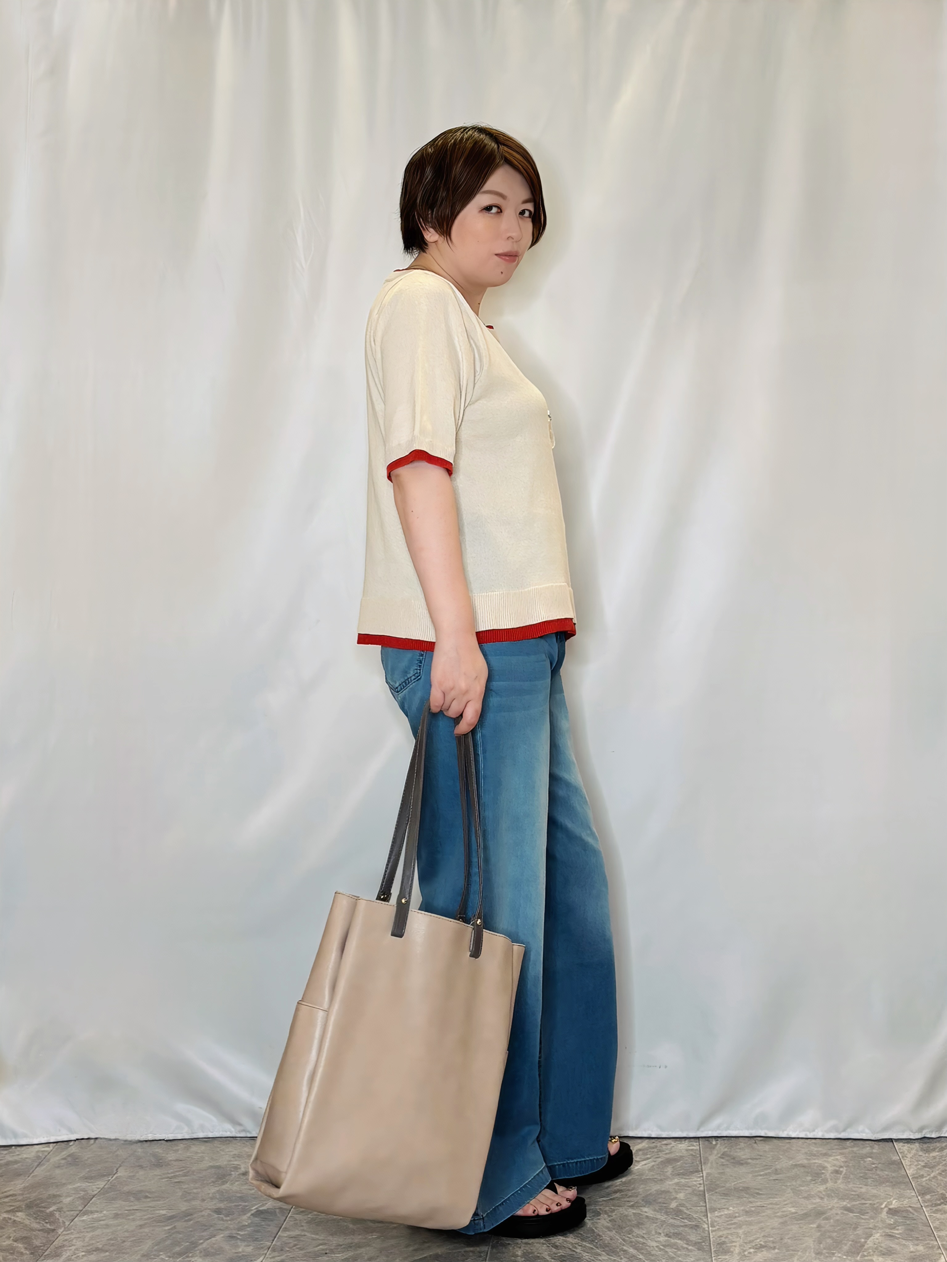 たみさんの「SHOO･LA･RUE｜【二の腕隠れる/コットン混】配色使いで差がつく 洗える五分袖ニット」を使ったコーディネート