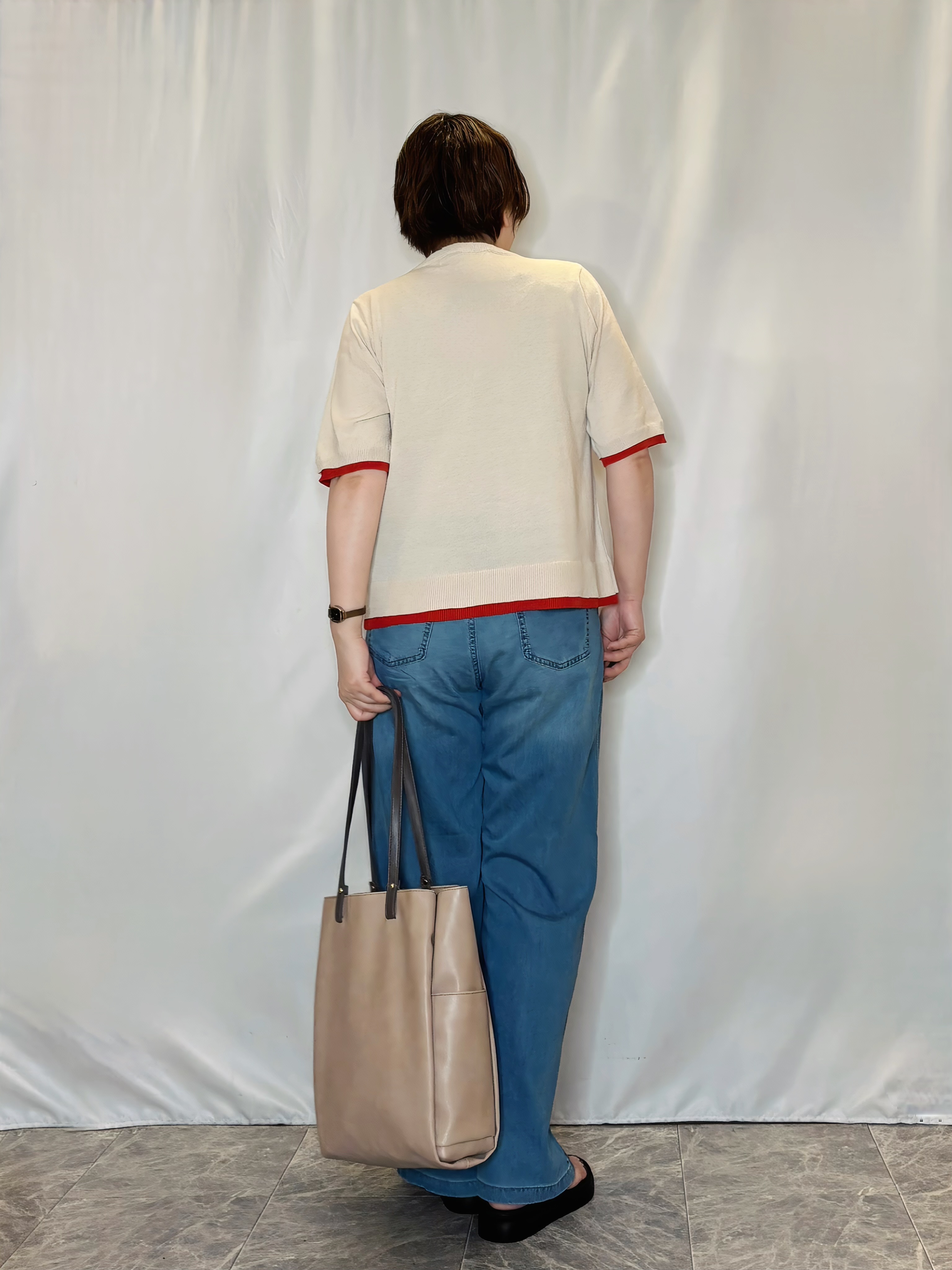 たみさんの「SHOO･LA･RUE｜【二の腕隠れる/コットン混】配色使いで差がつく 洗える五分袖ニット」を使ったコーディネート