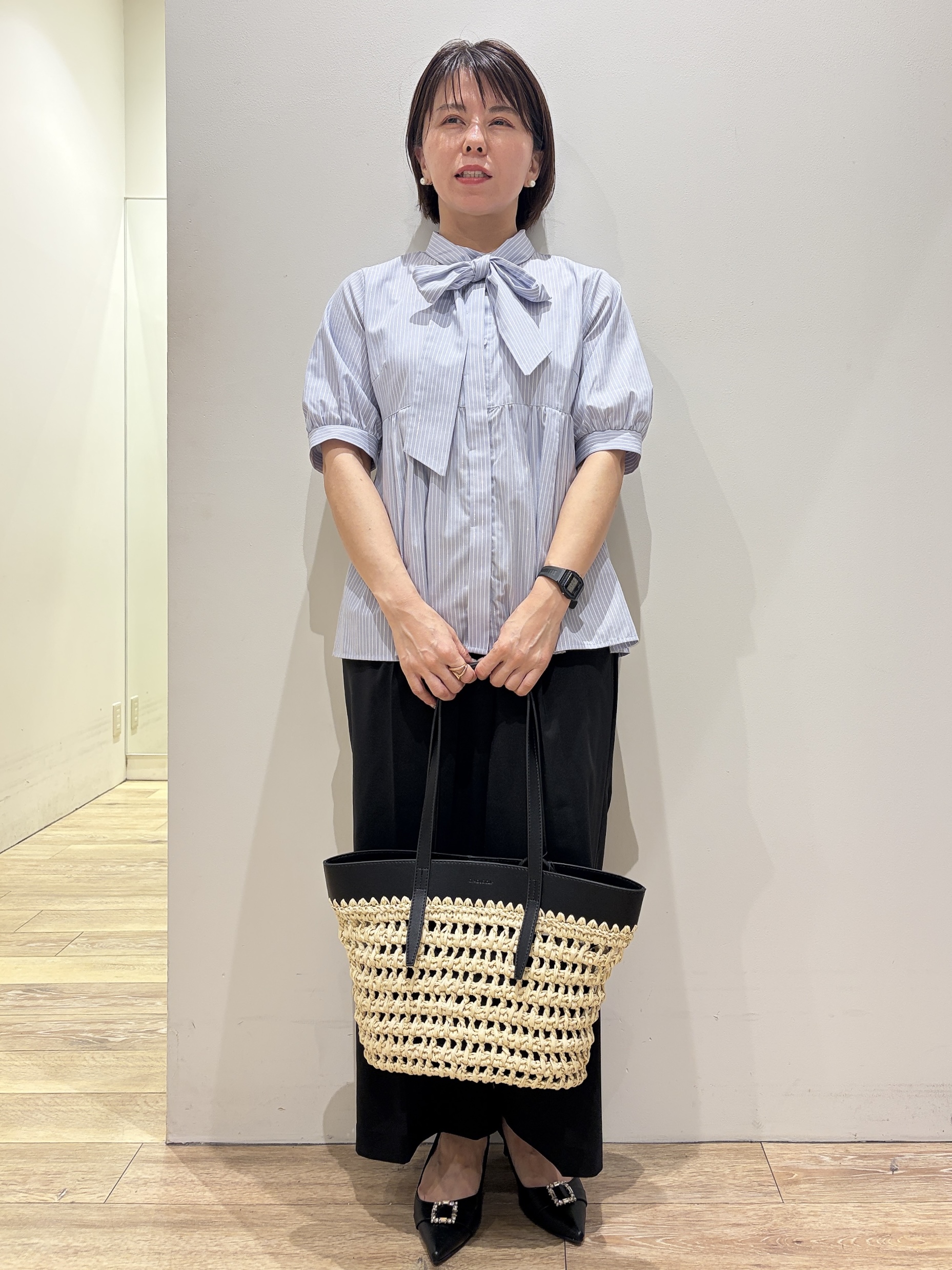 YUKOさんの「index｜【防シワ】2wayボウタイペプラム5分袖ブラウス《洗濯機OK／イージーアイロン》」を使ったコーディネート