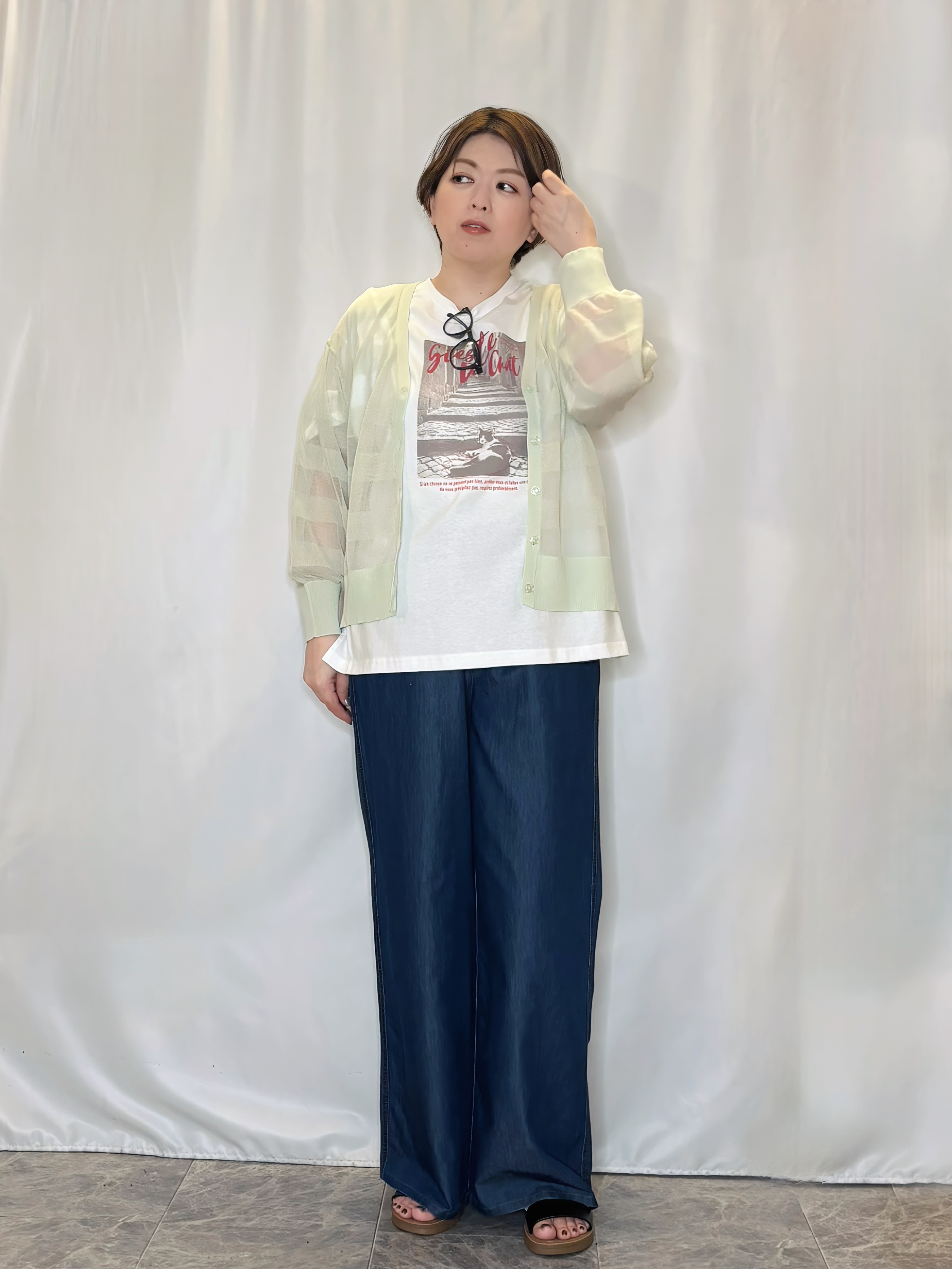 たみさんの「SHOO･LA･RUE｜【洗濯機可/S-LL】涼し気な透け感 日差し冷房対策に シアーボーダーカーディガン」を使ったコーディネート
