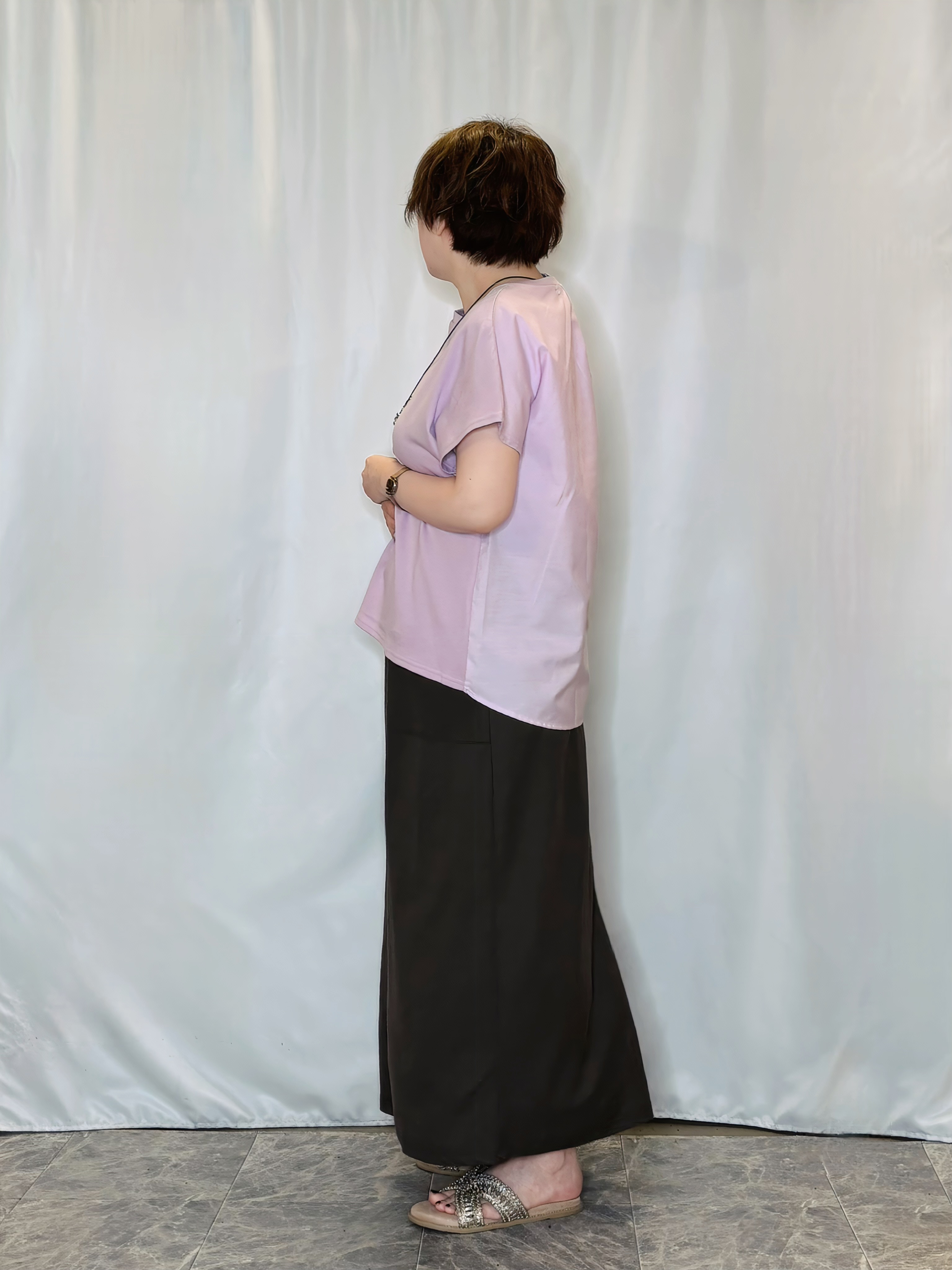 たみさんの「SHOO･LA･RUE｜【体型カバー/S-LL】インせず着られる 前後素材切替Tシャツ」を使ったコーディネート