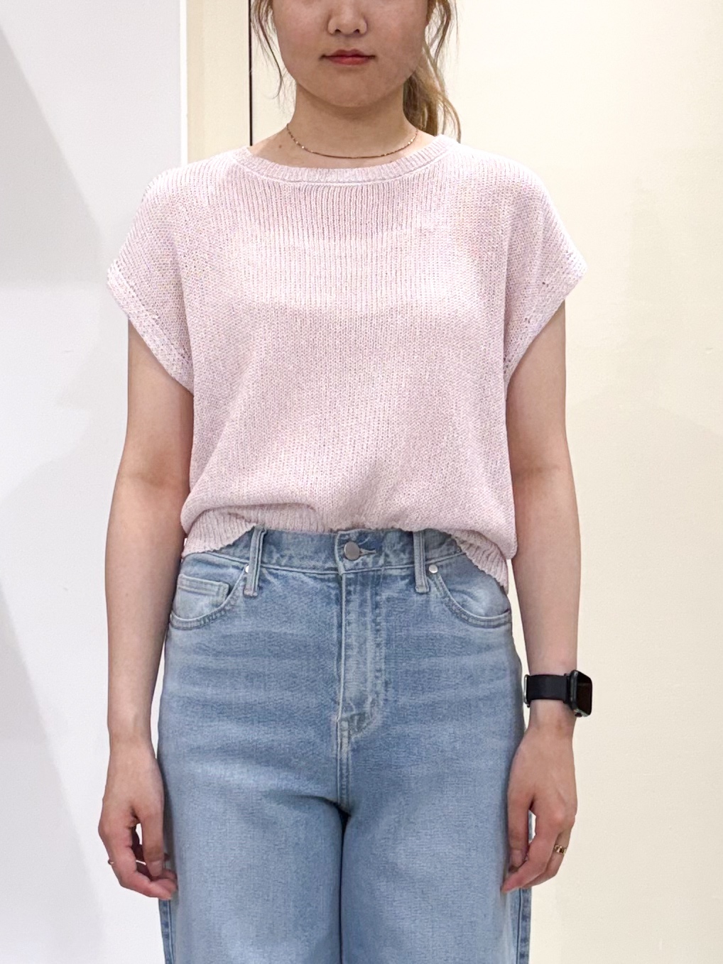 sayaさんの「OPAQUE.CLIP｜ラメメッシュ フレンチスリーブニット【洗濯機OK】」を使ったコーディネート