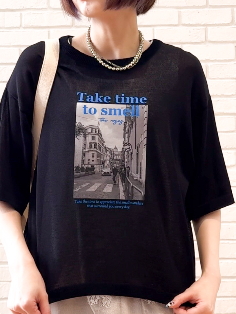 𝐜𝐡𝐢𝐤𝐚さんの「SHOO･LA･RUE｜【体型カバー】程よい透け感 デザインアソート 5分袖シアーニット」を使ったコーディネート