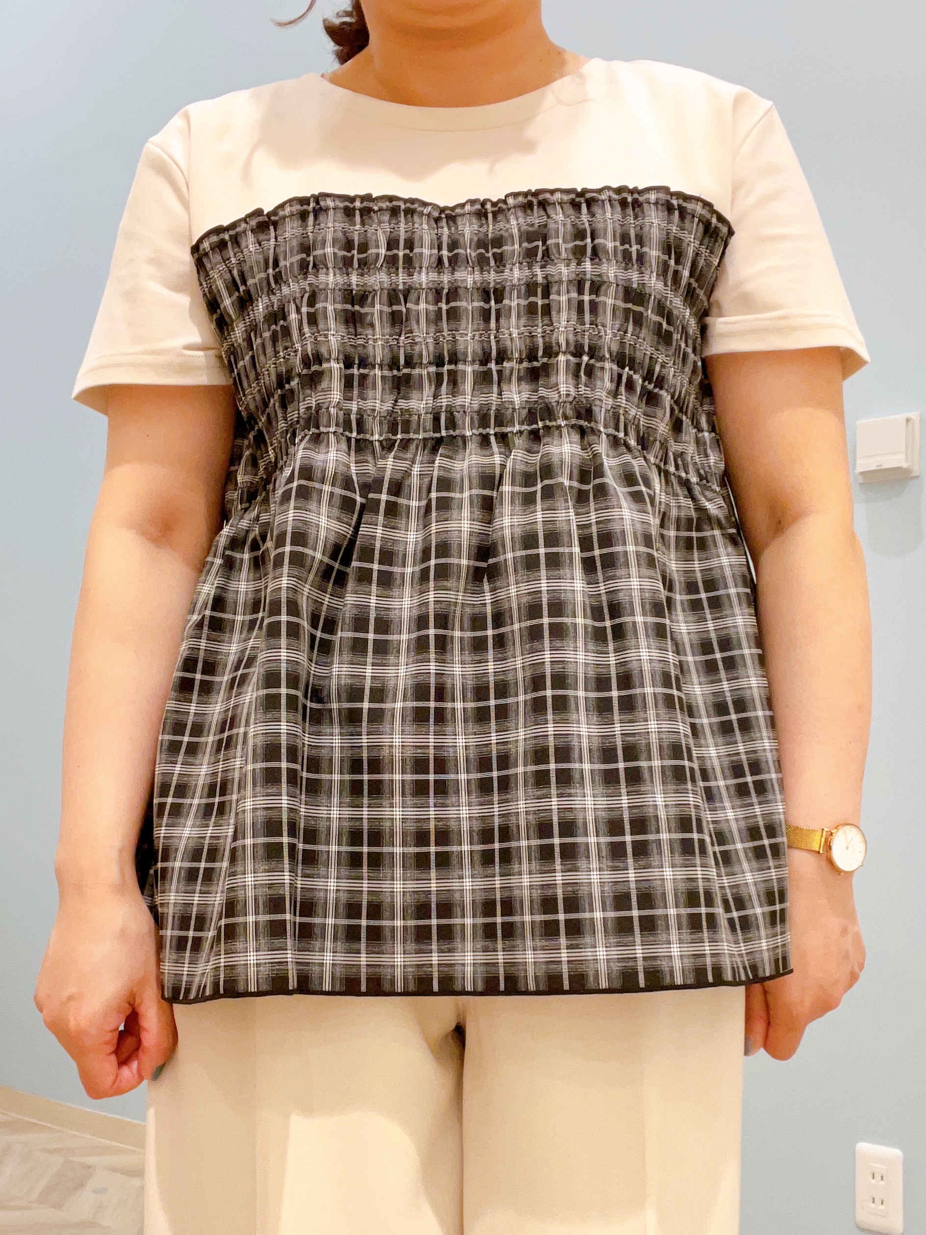 kitaさんの「SHOO･LA･RUE｜【S-LL/洗濯機可/体型カバー】インせずサマ見え ビスチェ風異素材ドッキングTシャツ」を使ったコーディネート