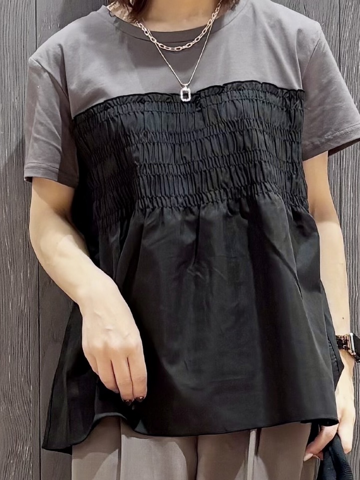 meiさんの「SHOO･LA･RUE｜【S-LL/洗濯機可/体型カバー】インせずサマ見え ビスチェ風異素材ドッキングTシャツ」を使ったコーディネート
