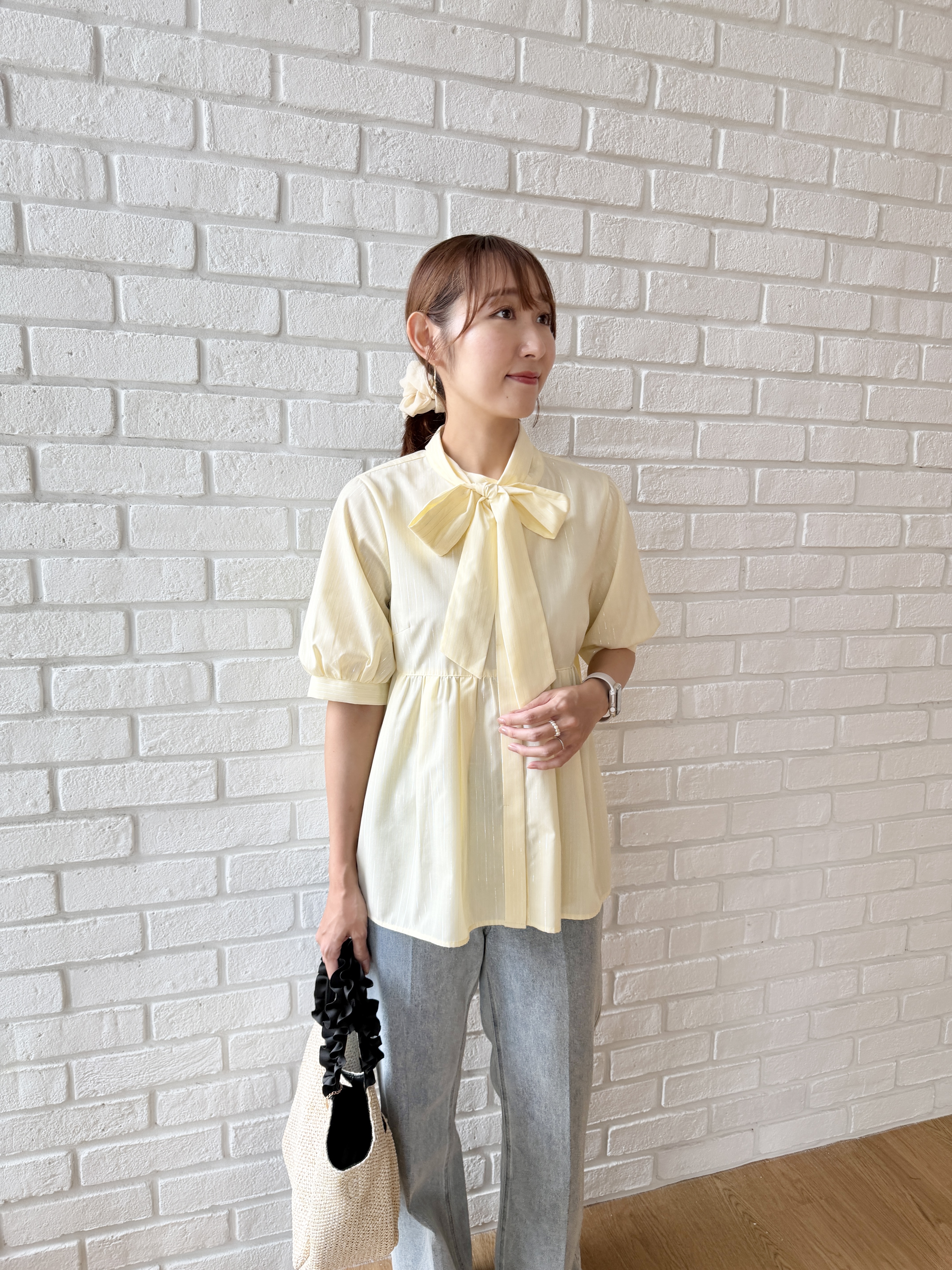 みぃさんの「index｜【防シワ】2wayボウタイペプラム5分袖ブラウス《洗濯機OK／イージーアイロン》」を使ったコーディネート