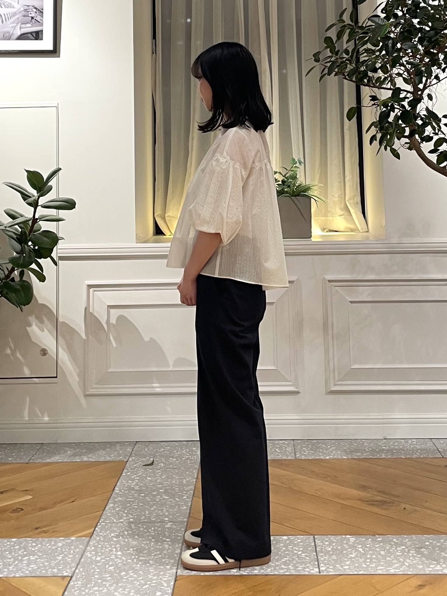 Lilyさんの「DRESSTERIOR｜【1枚で着映え/ウォッシャブル】ストライプスタンドフリルボリュームスリーブブラウス」を使ったコーディネート