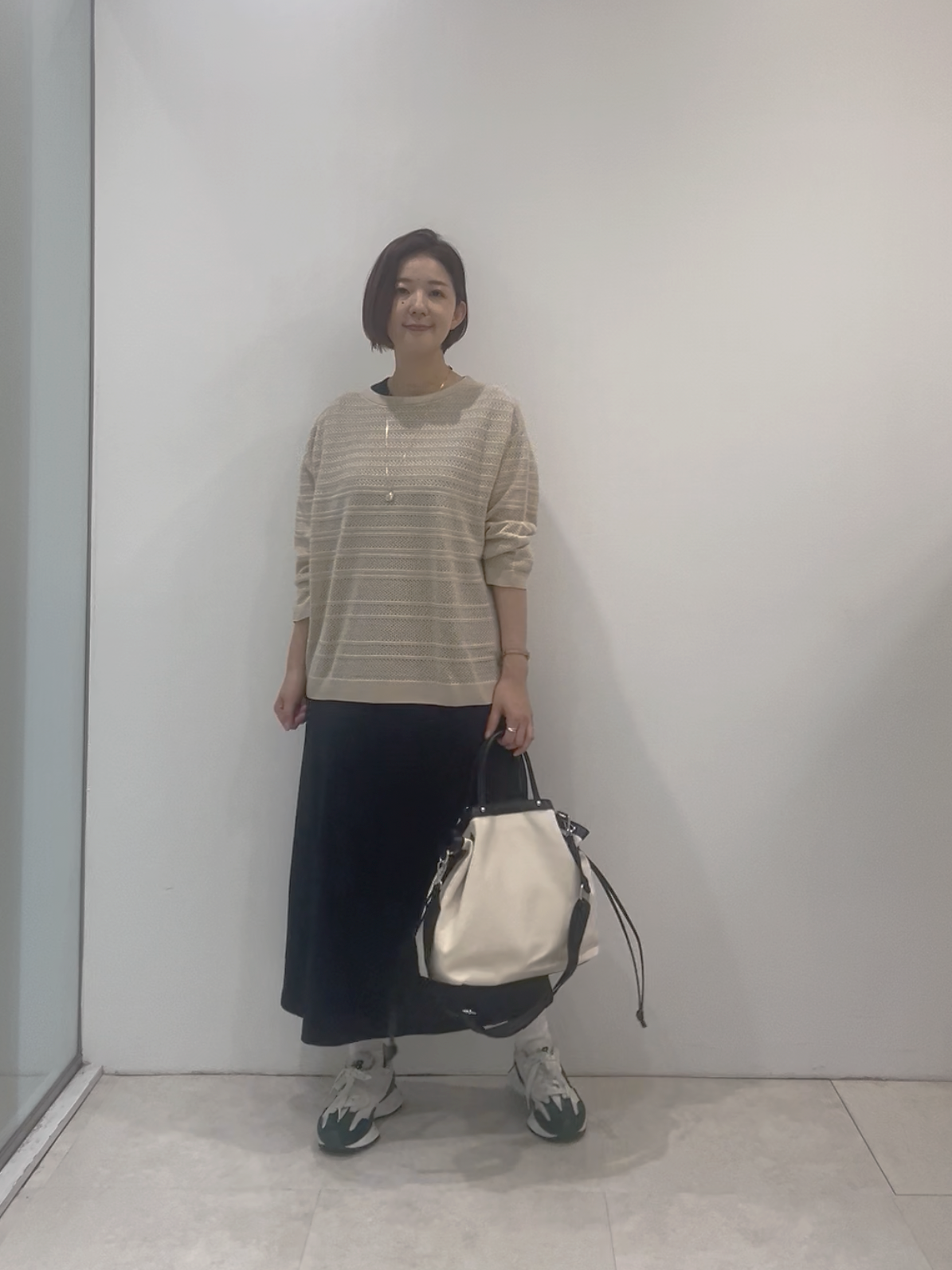 まどかさんの「UNTITLED｜◆メッシュ柄ボーダーニット」を使ったコーディネート