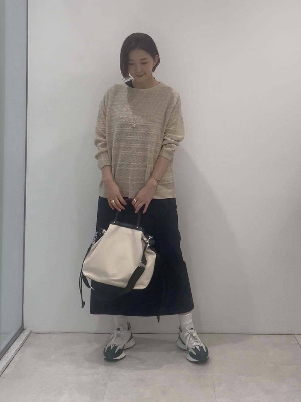 まどかさんの「UNTITLED｜◆メッシュ柄ボーダーニット」を使ったコーディネート