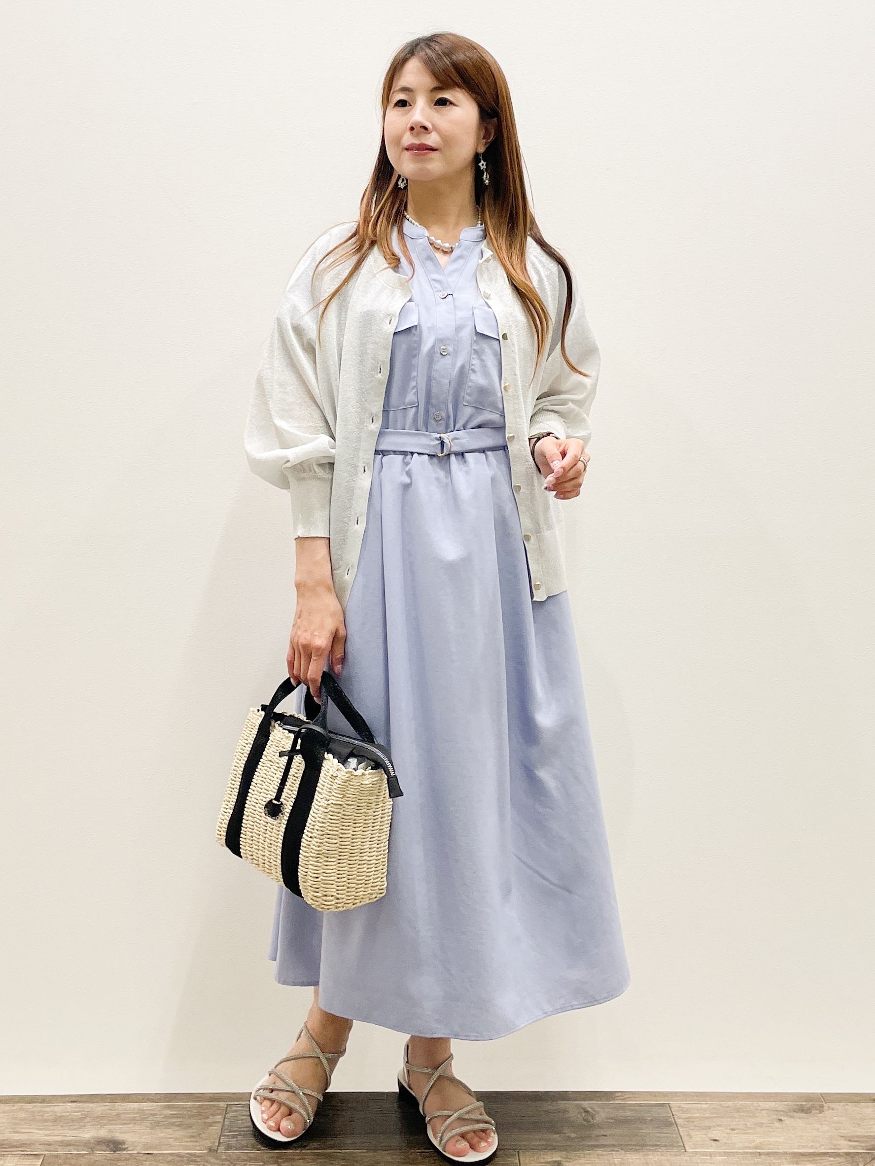 Asukaさんの「OPAQUE.CLIP｜【接触冷感】シアーラメドルマンショートカーディガン《洗濯機OK》」を使ったコーディネート