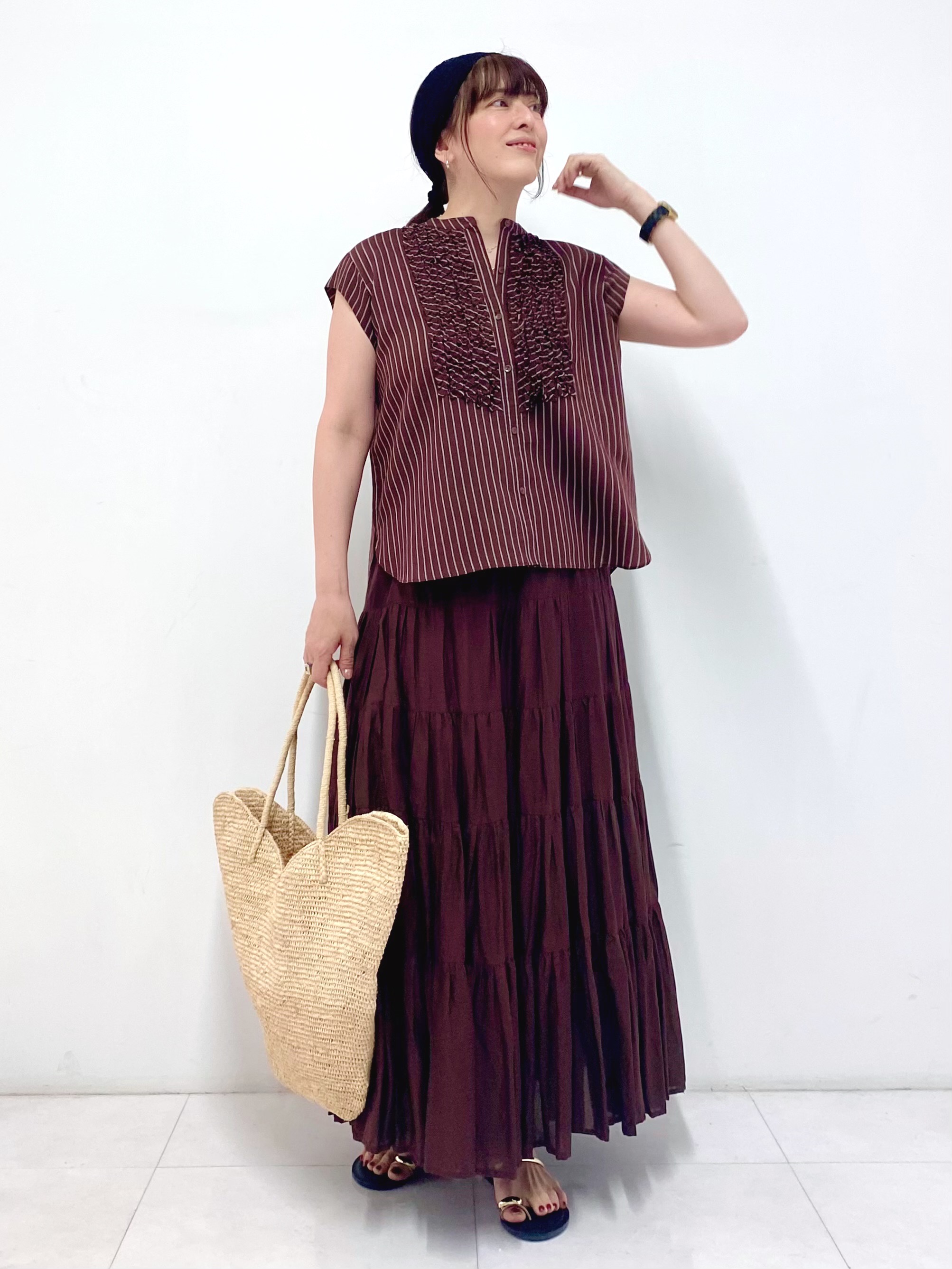 Sawaguchiさんの「DRESSTERIOR｜ストライプフレンチスリーブフリルブラウス」を使ったコーディネート