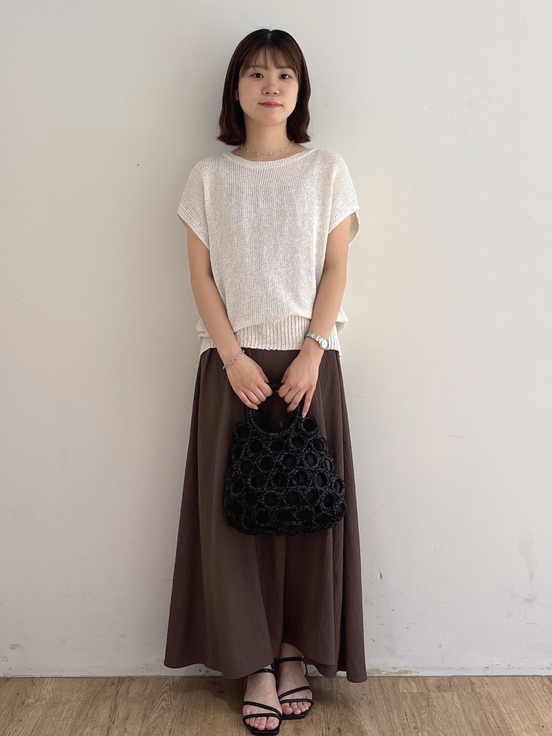 mireiさんの「OPAQUE.CLIP｜ラメメッシュ フレンチスリーブニット【洗濯機OK】」を使ったコーディネート