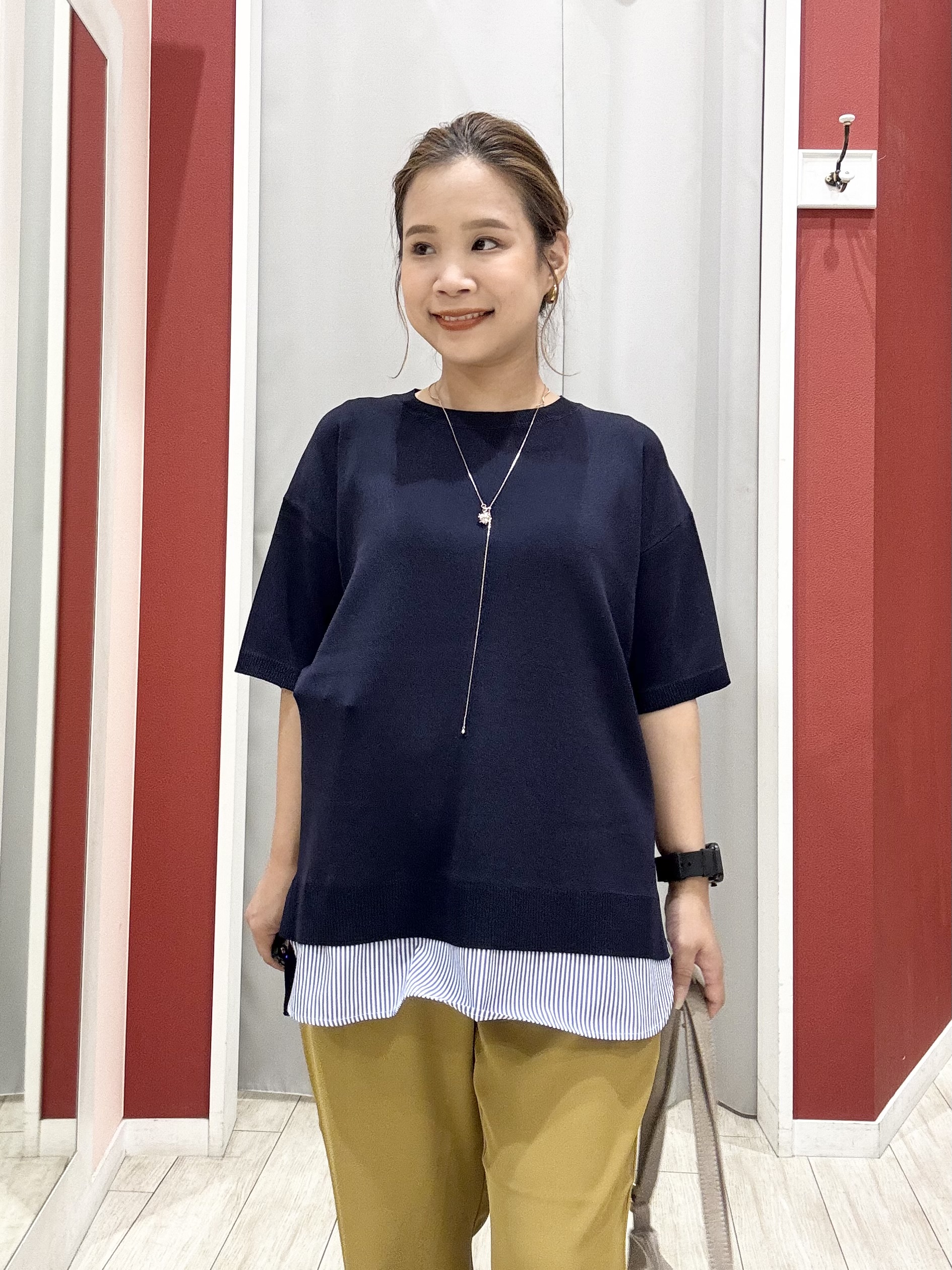 shioさんの「SHOO･LA･RUE｜【UV/洗濯機可/S-LL】毛玉になりにくい シャツレイヤード風でこなれ見え 半袖ニット」を使ったコーディネート