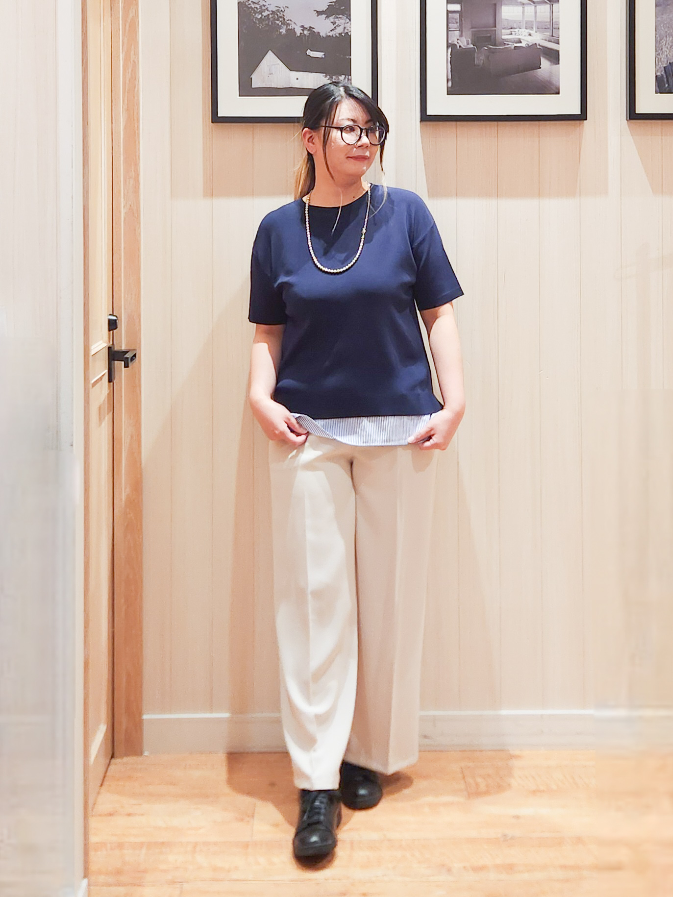 れーやんさんの「SHOO･LA･RUE｜【UV/洗濯機可/S-LL】毛玉になりにくい シャツレイヤード風でこなれ見え 半袖ニット」を使ったコーディネート