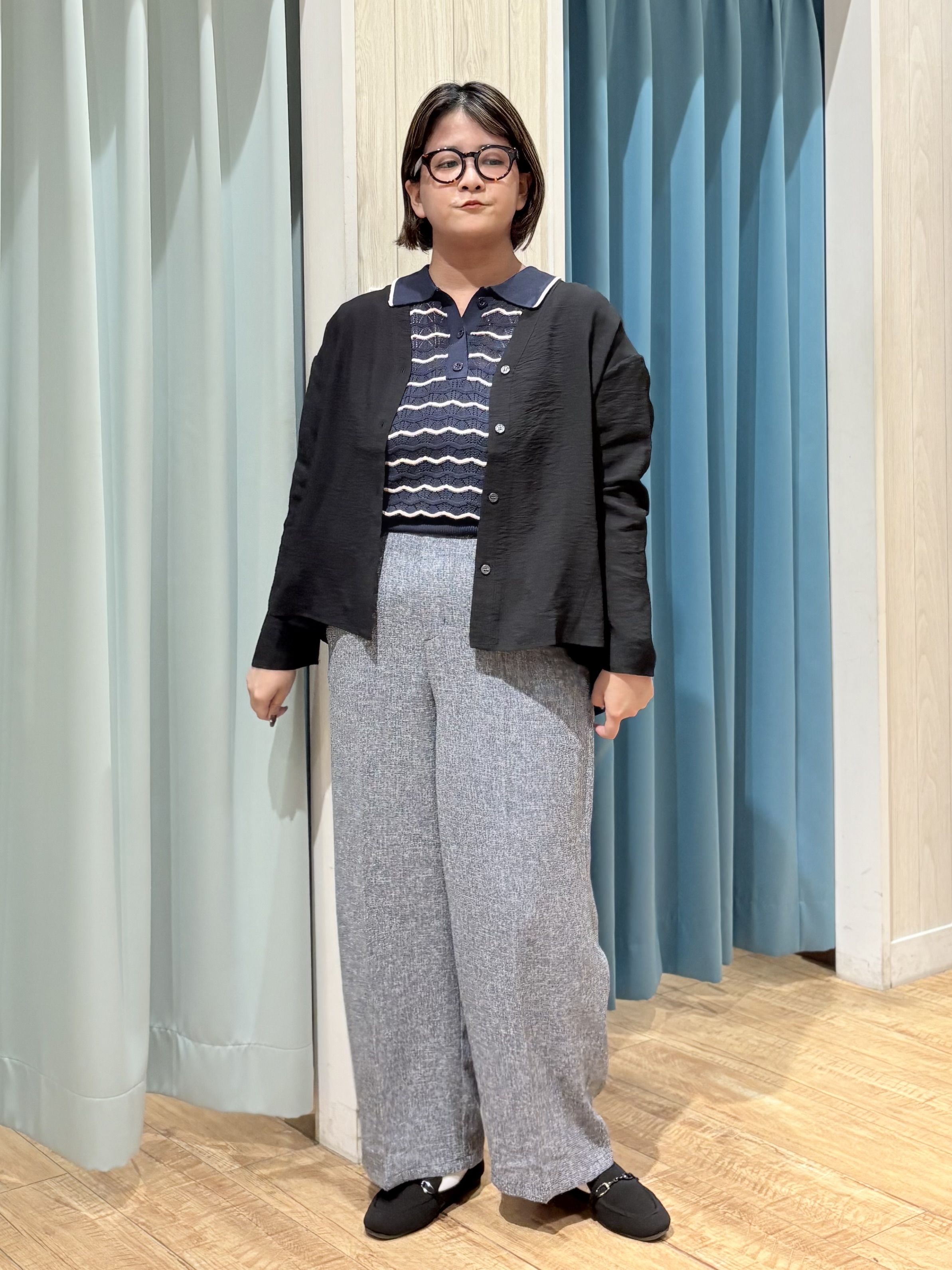 砂糖さんの「SHOO･LA･RUE｜【S-LL/洗濯機可】ニュアンスボーダー シアーニットポロ」を使ったコーディネート
