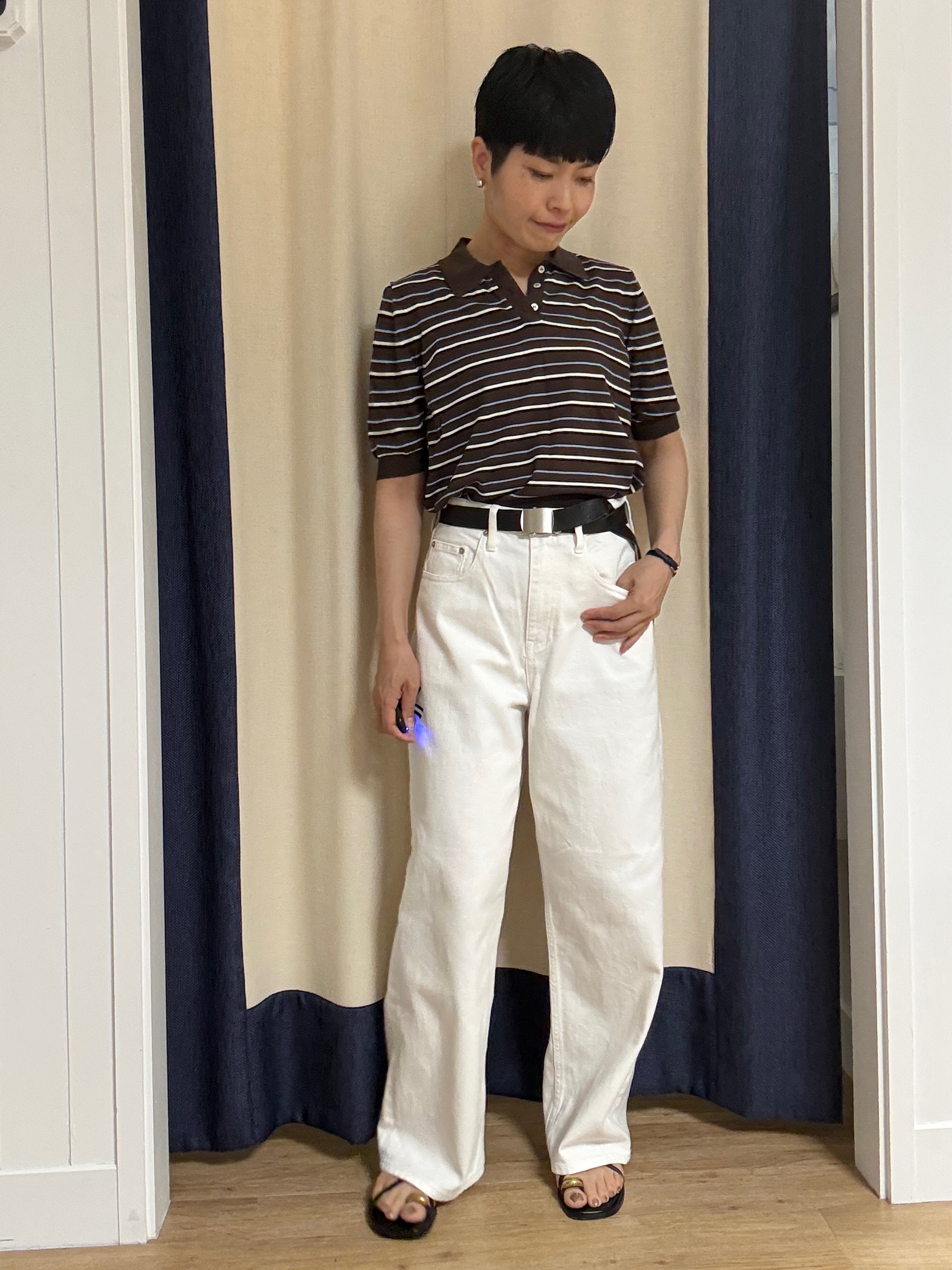 Suzuさんの「Dessin｜ポロ襟 ハーフスリーブニット」を使ったコーディネート