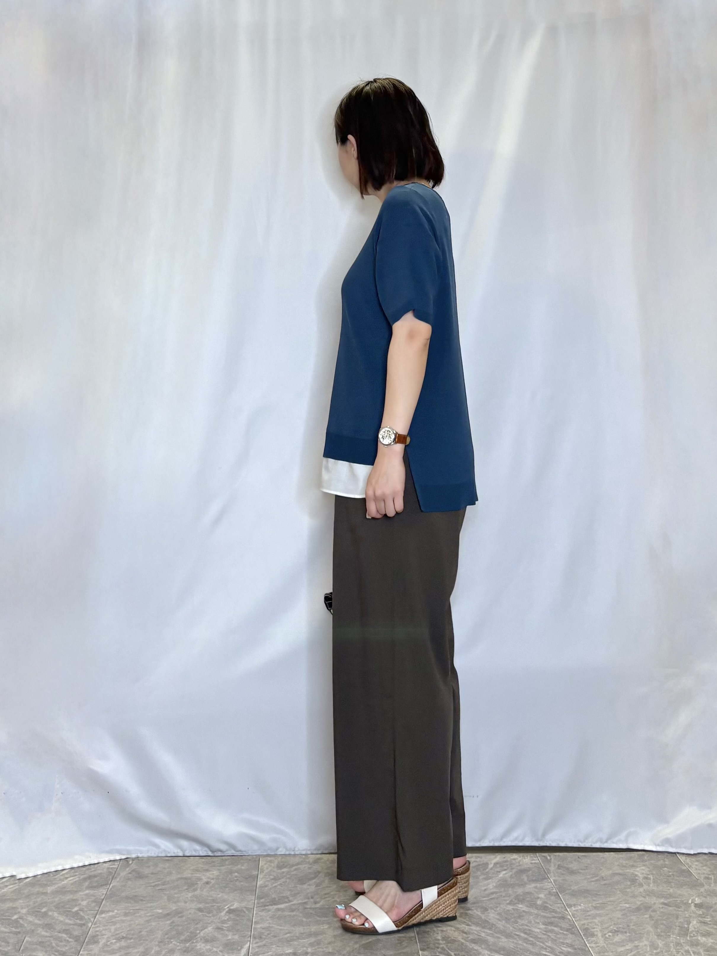 ネリさんの「SHOO･LA･RUE｜【UV/洗濯機可/S-LL】毛玉になりにくい シャツレイヤード風でこなれ見え 半袖ニット」を使ったコーディネート