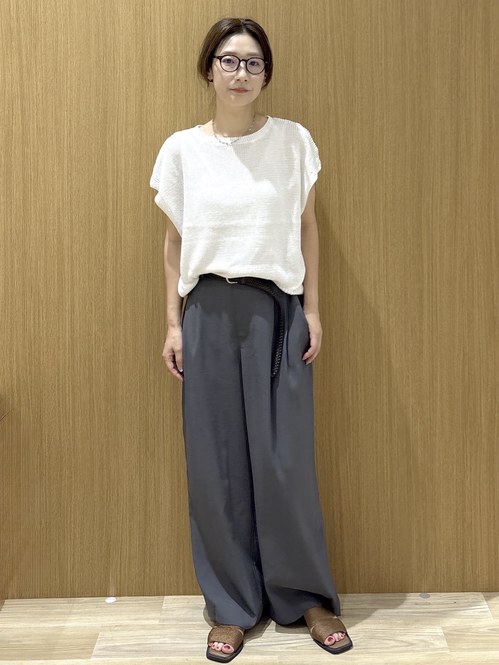 たけねぇさんの「OPAQUE.CLIP｜ラメメッシュ フレンチスリーブニット【洗濯機OK】」を使ったコーディネート