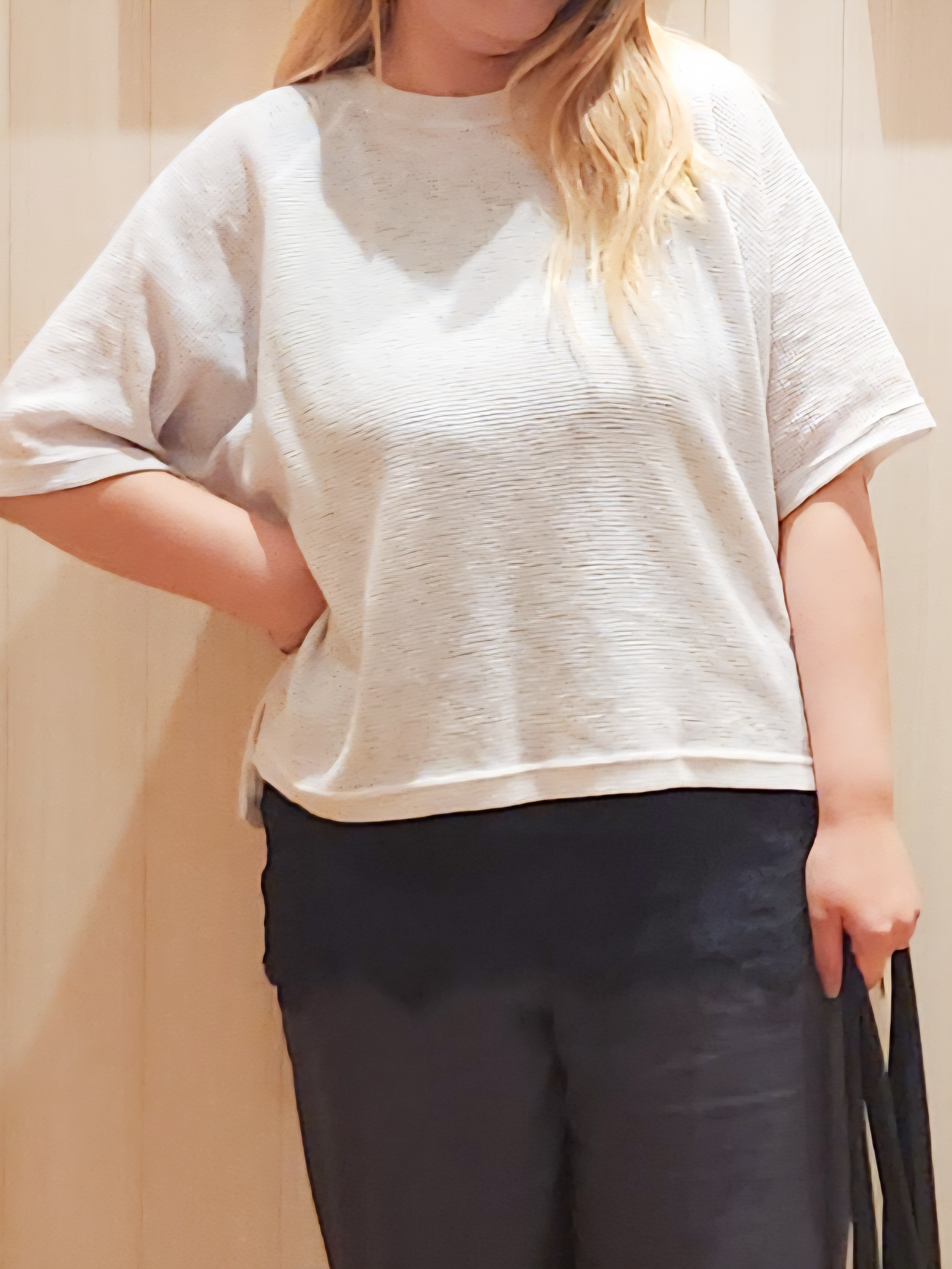 れーやんさんの「SHOO･LA･RUE｜【S-LL】シアーワッフル ラグラン5分袖ゆるTシャツ」を使ったコーディネート