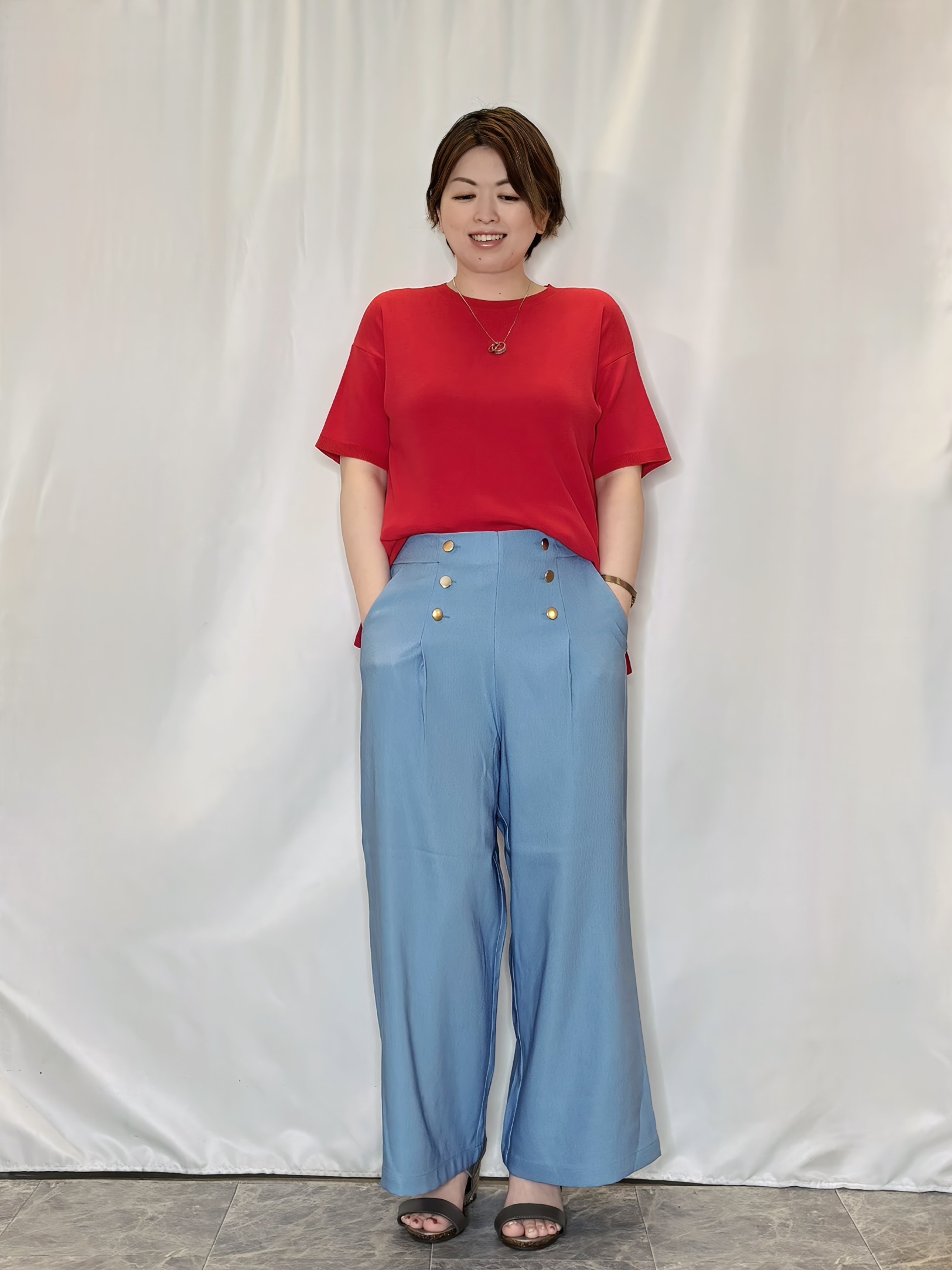 たみさんの「SHOO･LA･RUE｜【UV/洗濯機可/S-LL】毛玉になりにくい シャツレイヤード風でこなれ見え 半袖ニット」を使ったコーディネート