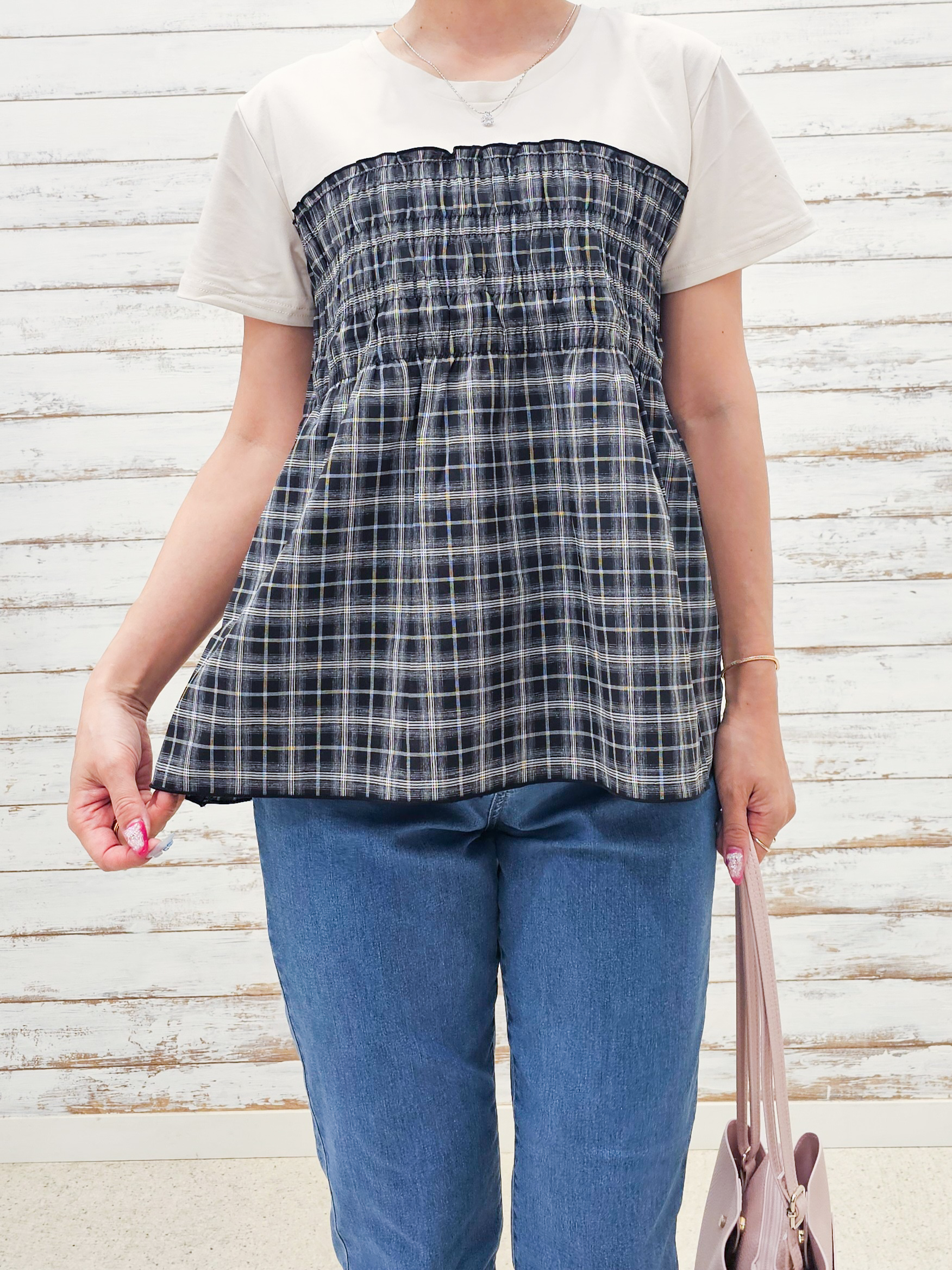 ゆゆさんの「SHOO･LA･RUE｜【S-LL/洗濯機可/体型カバー】インせずサマ見え ビスチェ風異素材ドッキングTシャツ」を使ったコーディネート