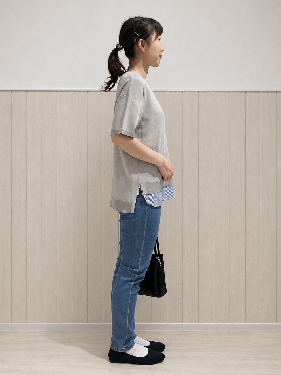まつみさんの「SHOO･LA･RUE｜【UV/洗濯機可/S-LL】毛玉になりにくい シャツレイヤード風でこなれ見え 半袖ニット」を使ったコーディネート
