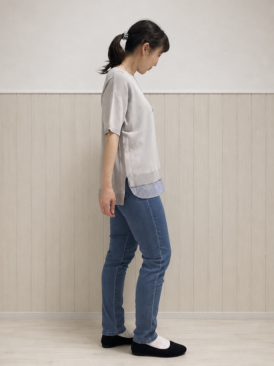 まつみさんの「SHOO･LA･RUE｜【UV/洗濯機可/S-LL】毛玉になりにくい シャツレイヤード風でこなれ見え 半袖ニット」を使ったコーディネート