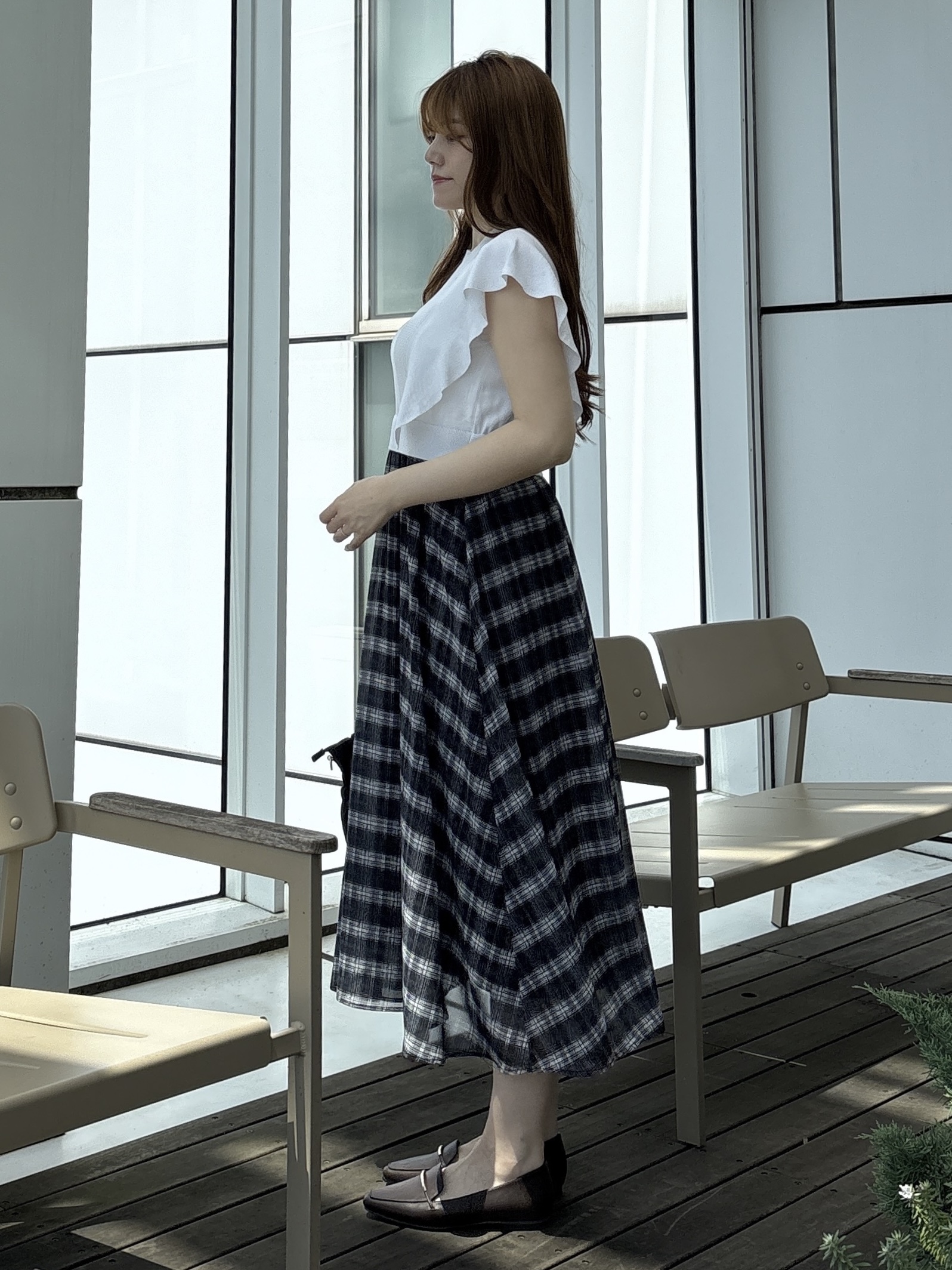 sayaさんの「grove｜【低身長さんも選べる着丈・洗濯機◎】1枚で華やか 肩フリルニットドッキングワンピース」を使ったコーディネート