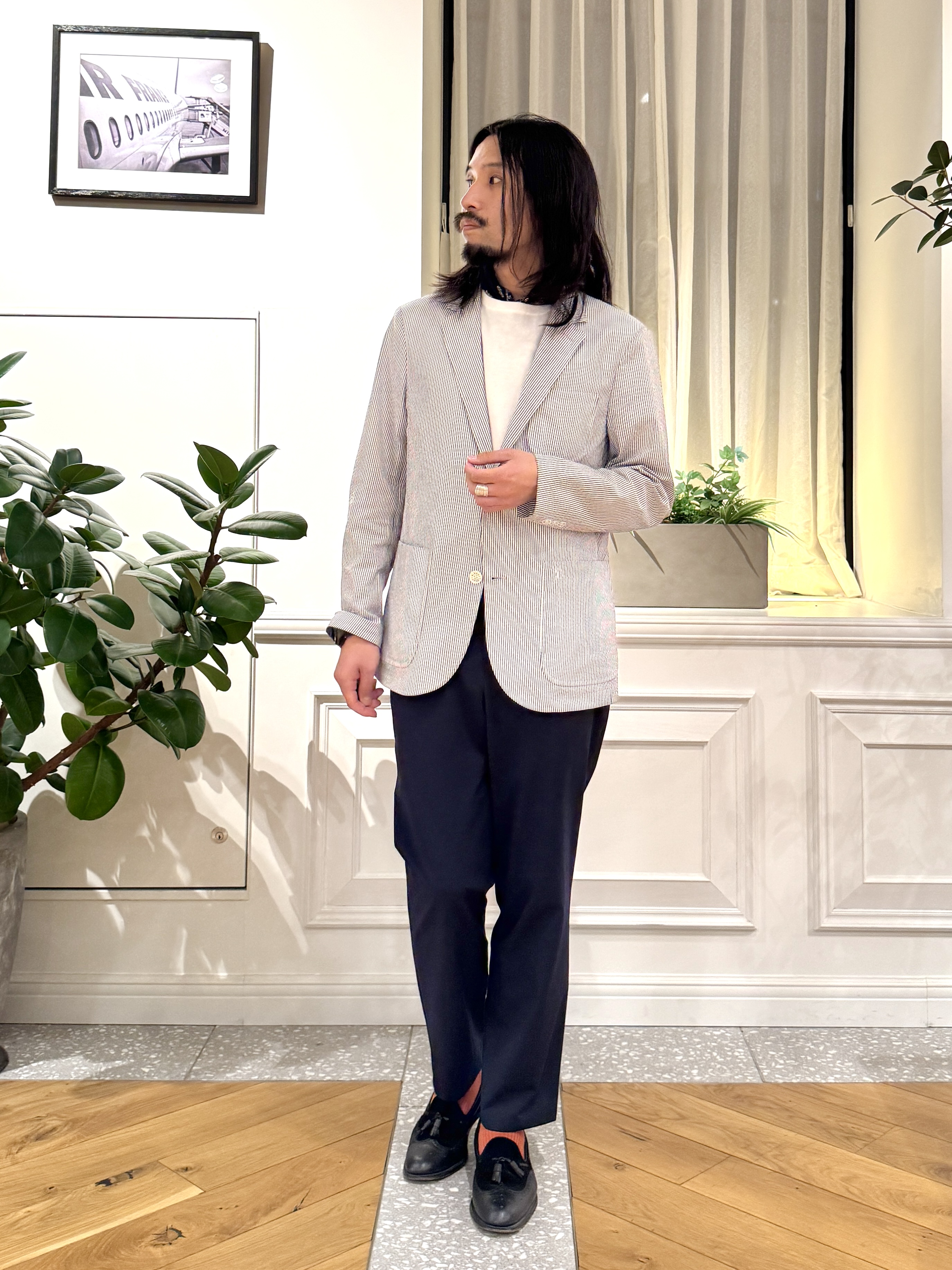 kawarataniさんの「DRESSTERIOR｜◆【吸湿速乾/セットアップ可/ウォッシャブル】COOLMAX シアサッカー サマージャケット」を使ったコーディネート