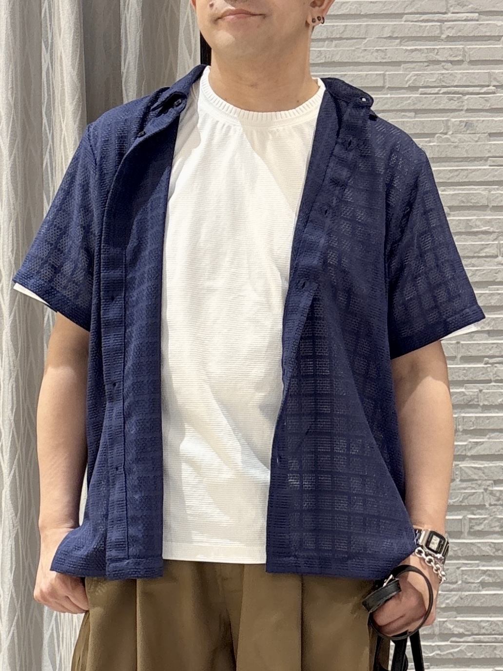 Pーyamaさんの「THE SHOP TK｜【洗濯機OK】格子柄メッシュ半袖シャツ」を使ったコーディネート
