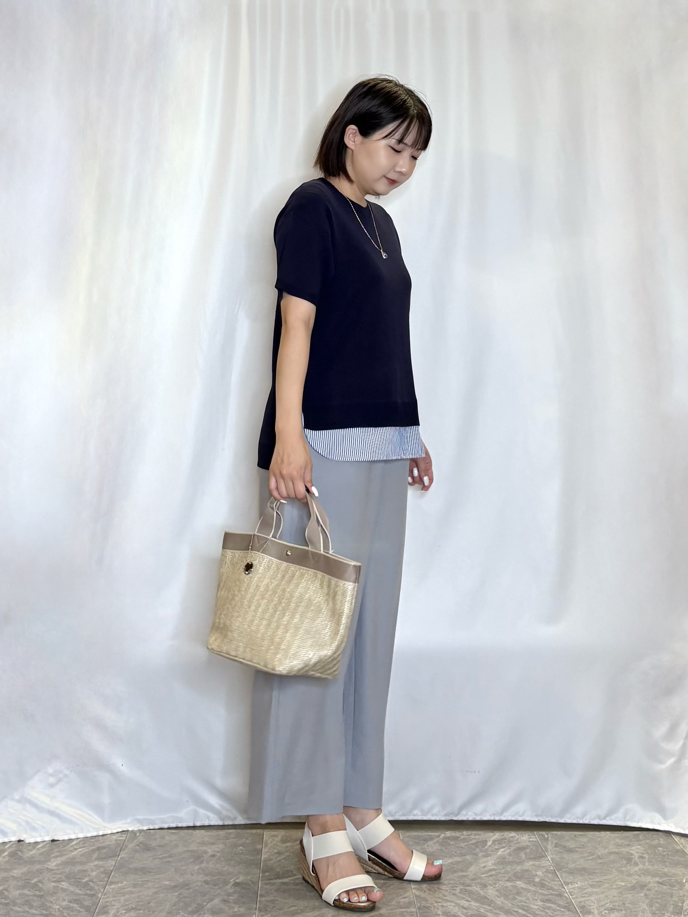ネリさんの「SHOO･LA･RUE｜【UV/洗濯機可/S-LL】毛玉になりにくい シャツレイヤード風でこなれ見え 半袖ニット」を使ったコーディネート
