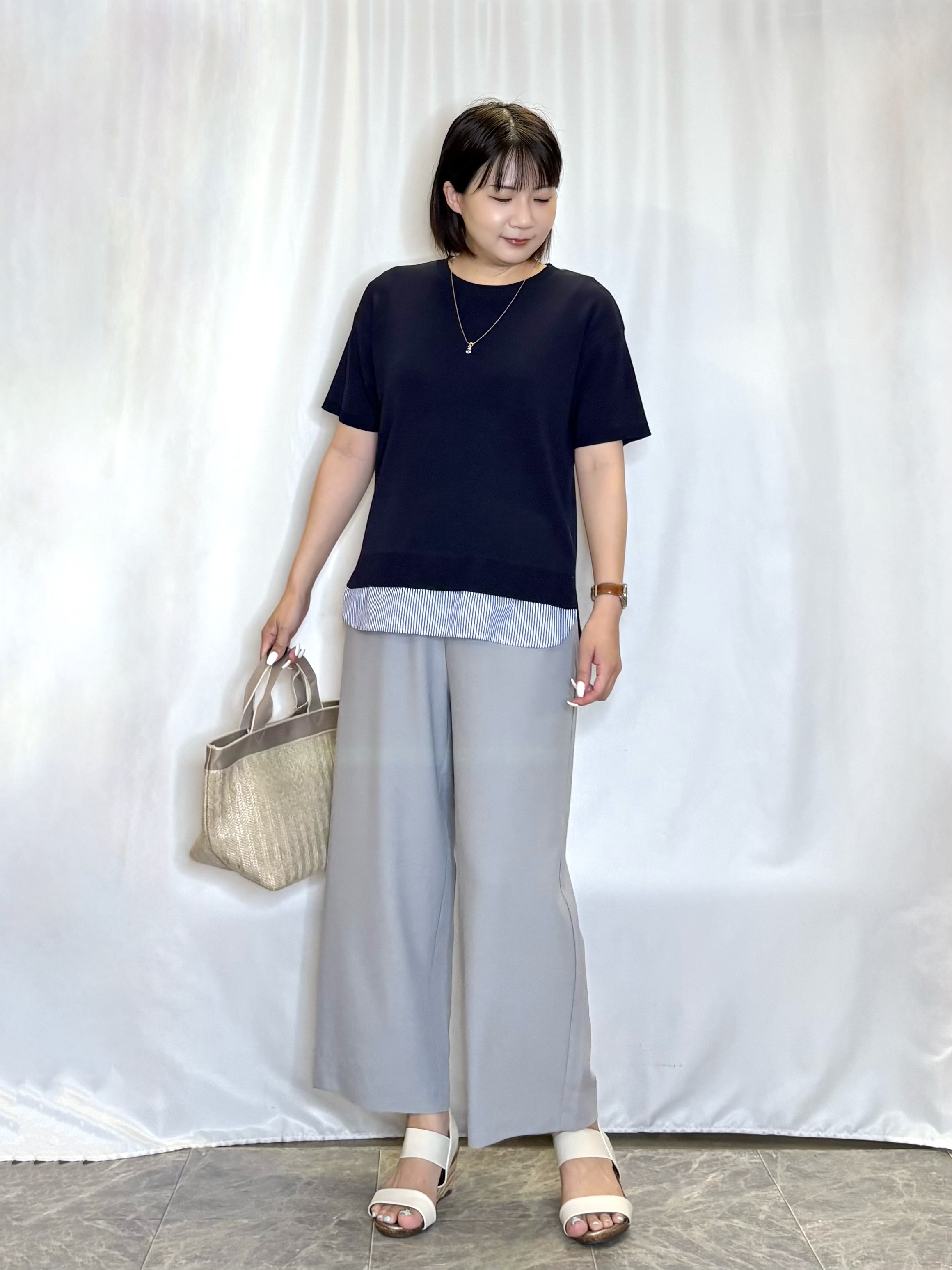 ネリさんの「SHOO･LA･RUE｜【UV/洗濯機可/S-LL】毛玉になりにくい シャツレイヤード風でこなれ見え 半袖ニット」を使ったコーディネート