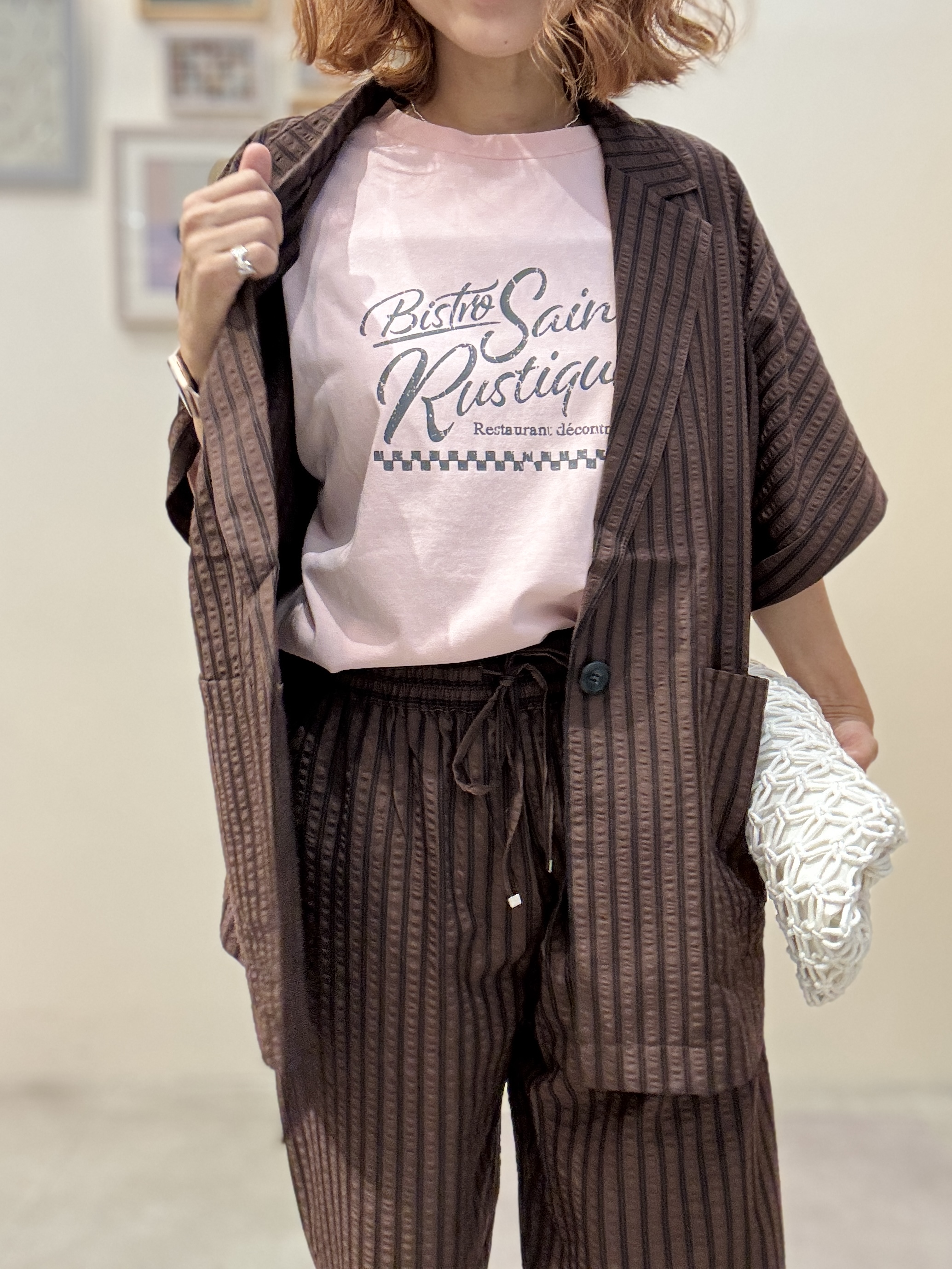 たけぴさんの「SHOO･LA･RUE｜【S-LL/吸水速乾/セットアップ可】羽織るだけで主役になる サッカーストライプシャツジャケット」を使ったコーディネート