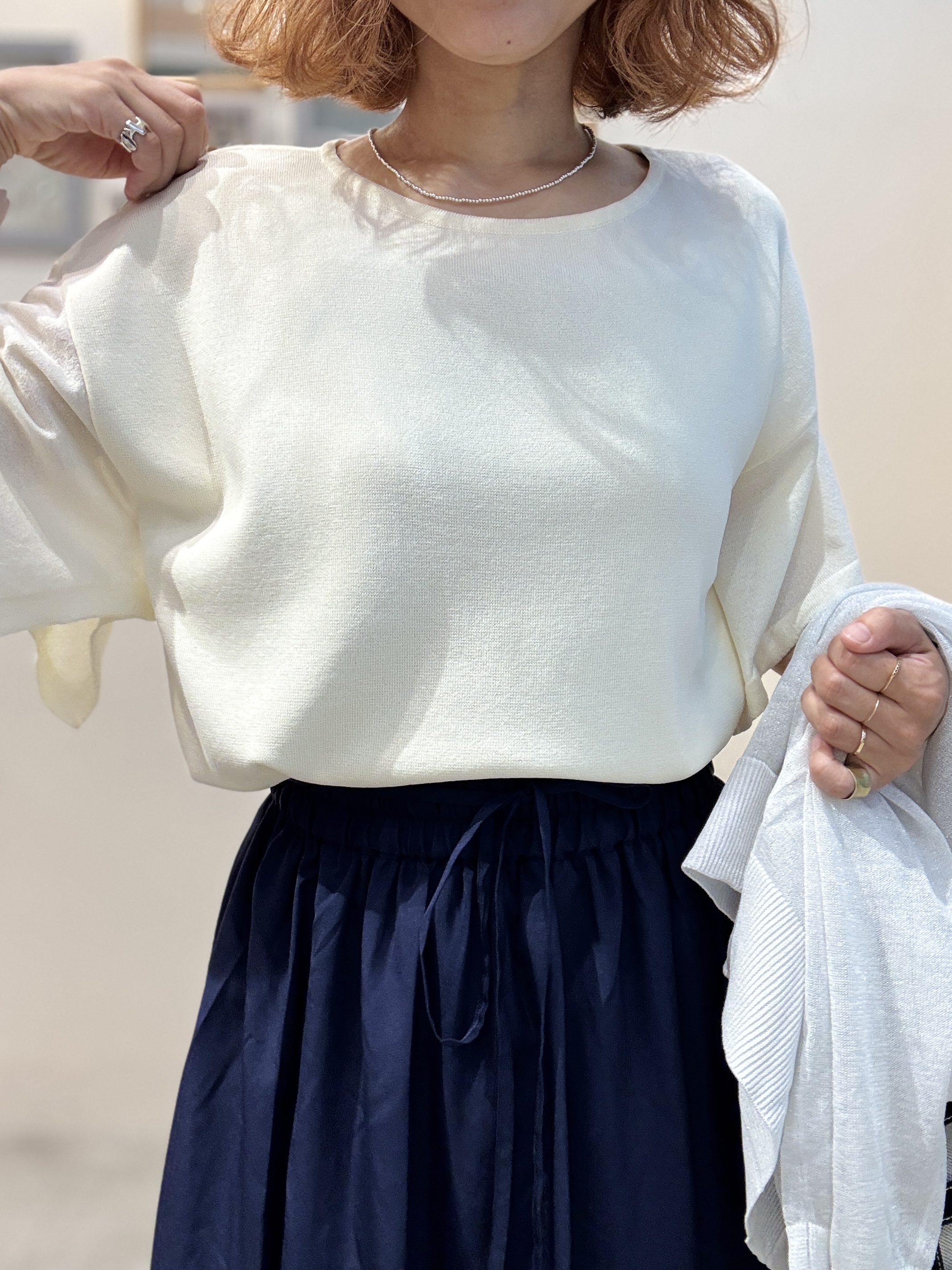 たけぴさんの「SHOO･LA･RUE｜【通気性〇/洗濯機可/S-LL】シアーラメカーディガン」を使ったコーディネート