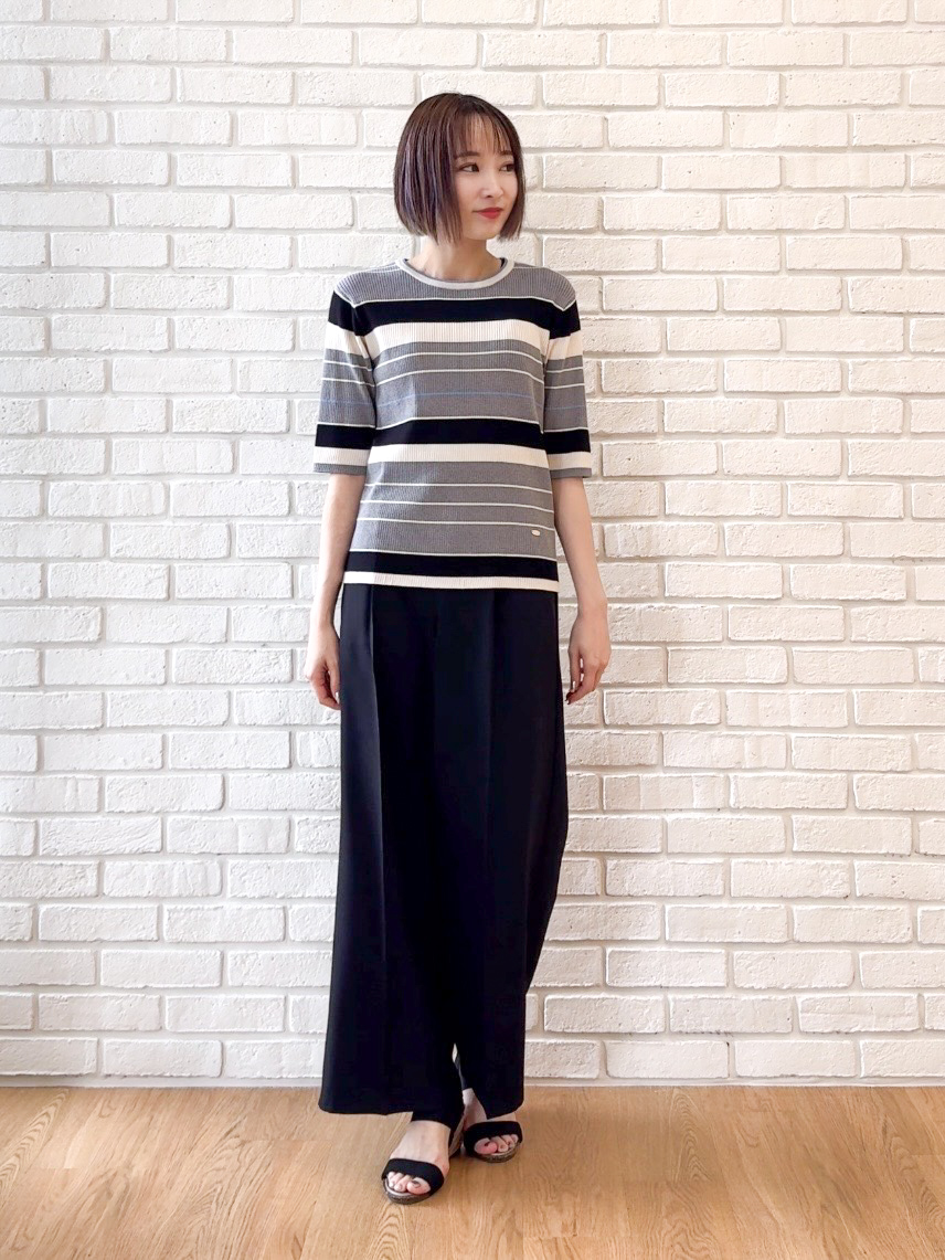 𝐜𝐡𝐢𝐤𝐚さんの「SHOO･LA･RUE｜【S-LL】オンオフ着られる マルチボーダーリブニット」を使ったコーディネート