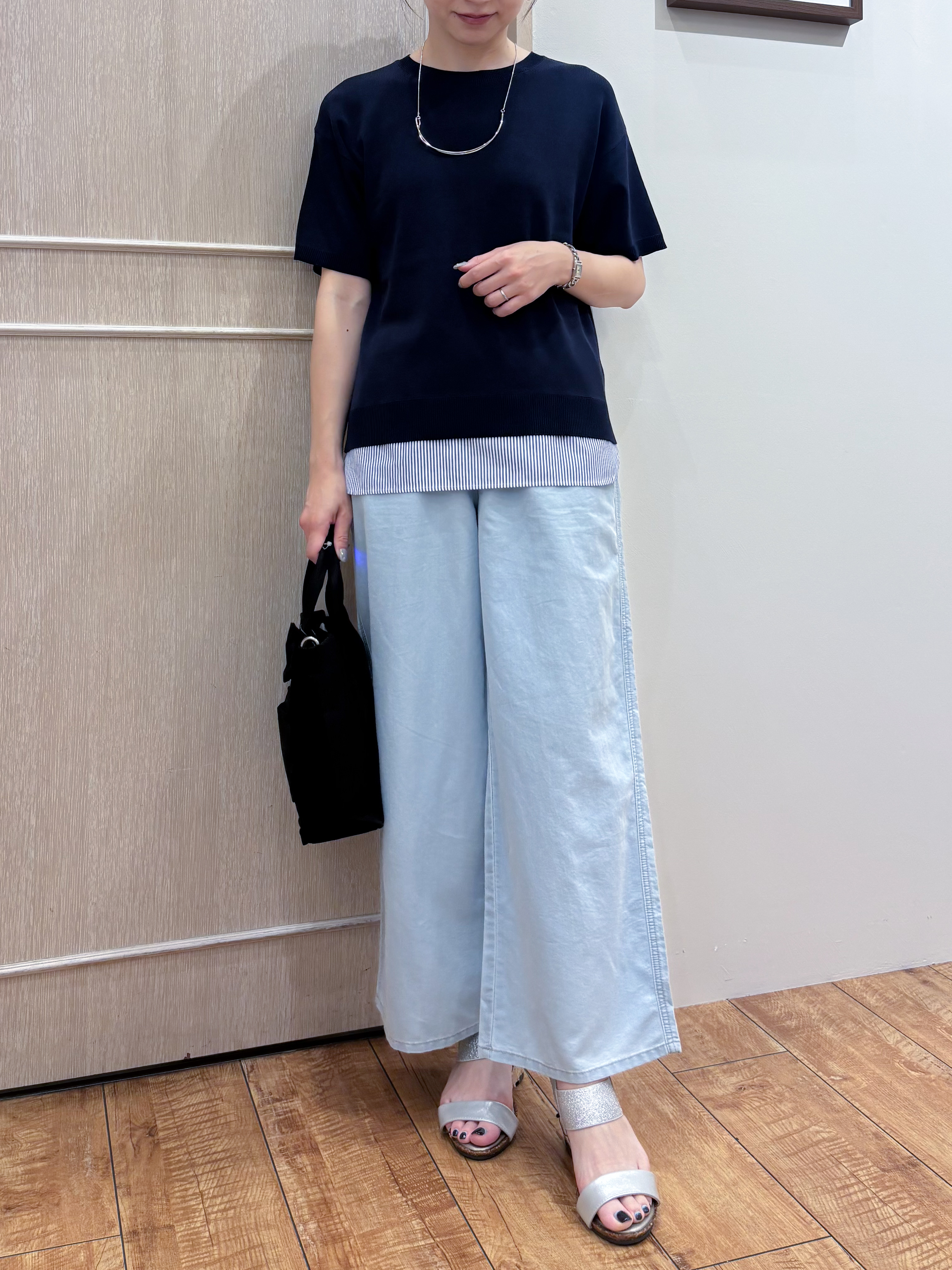 なみさんの「SHOO･LA･RUE｜【UV/洗濯機可/S-LL】毛玉になりにくい シャツレイヤード風でこなれ見え 半袖ニット」を使ったコーディネート