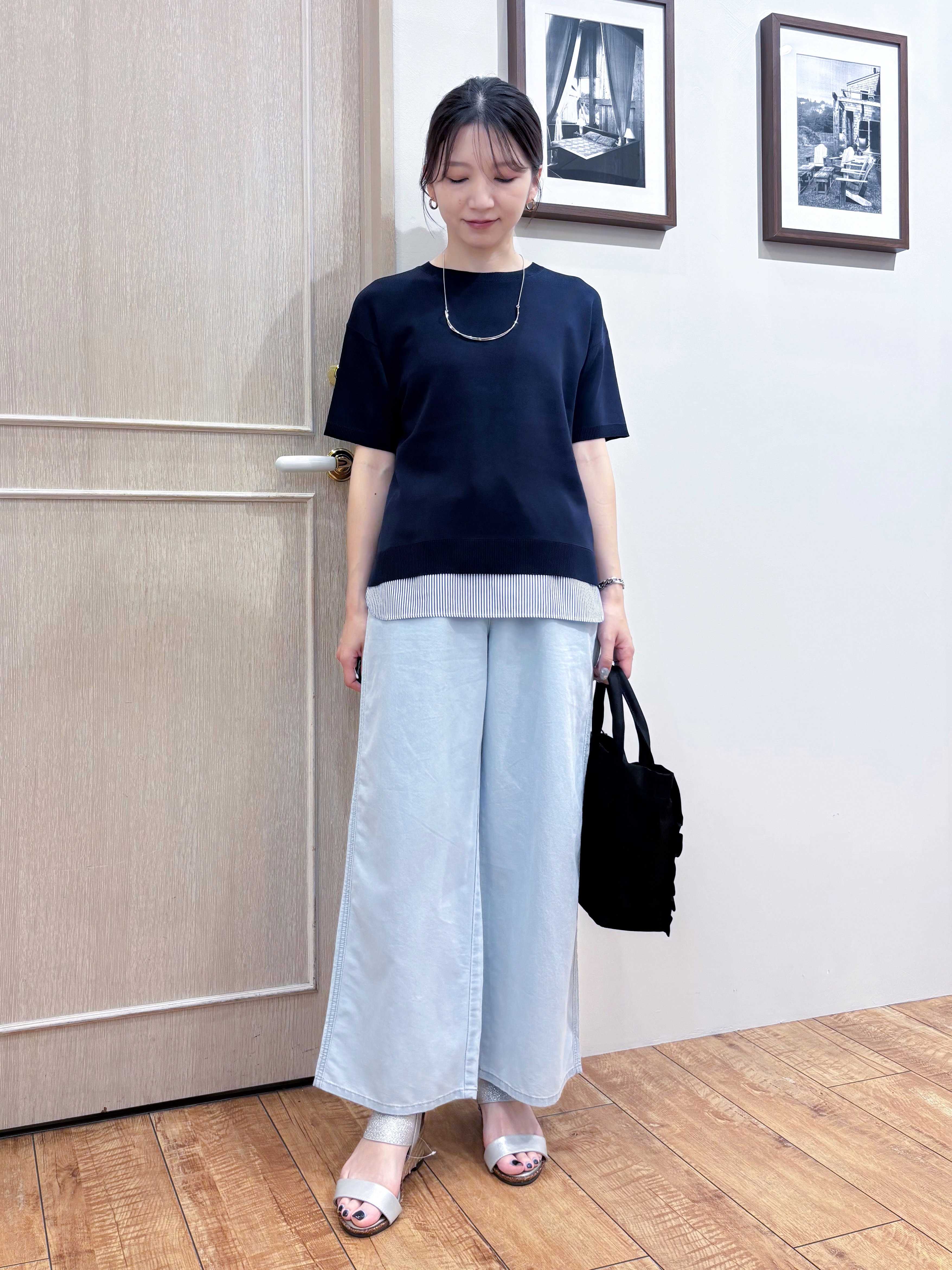 なみさんの「SHOO･LA･RUE｜【UV/洗濯機可/S-LL】毛玉になりにくい シャツレイヤード風でこなれ見え 半袖ニット」を使ったコーディネート