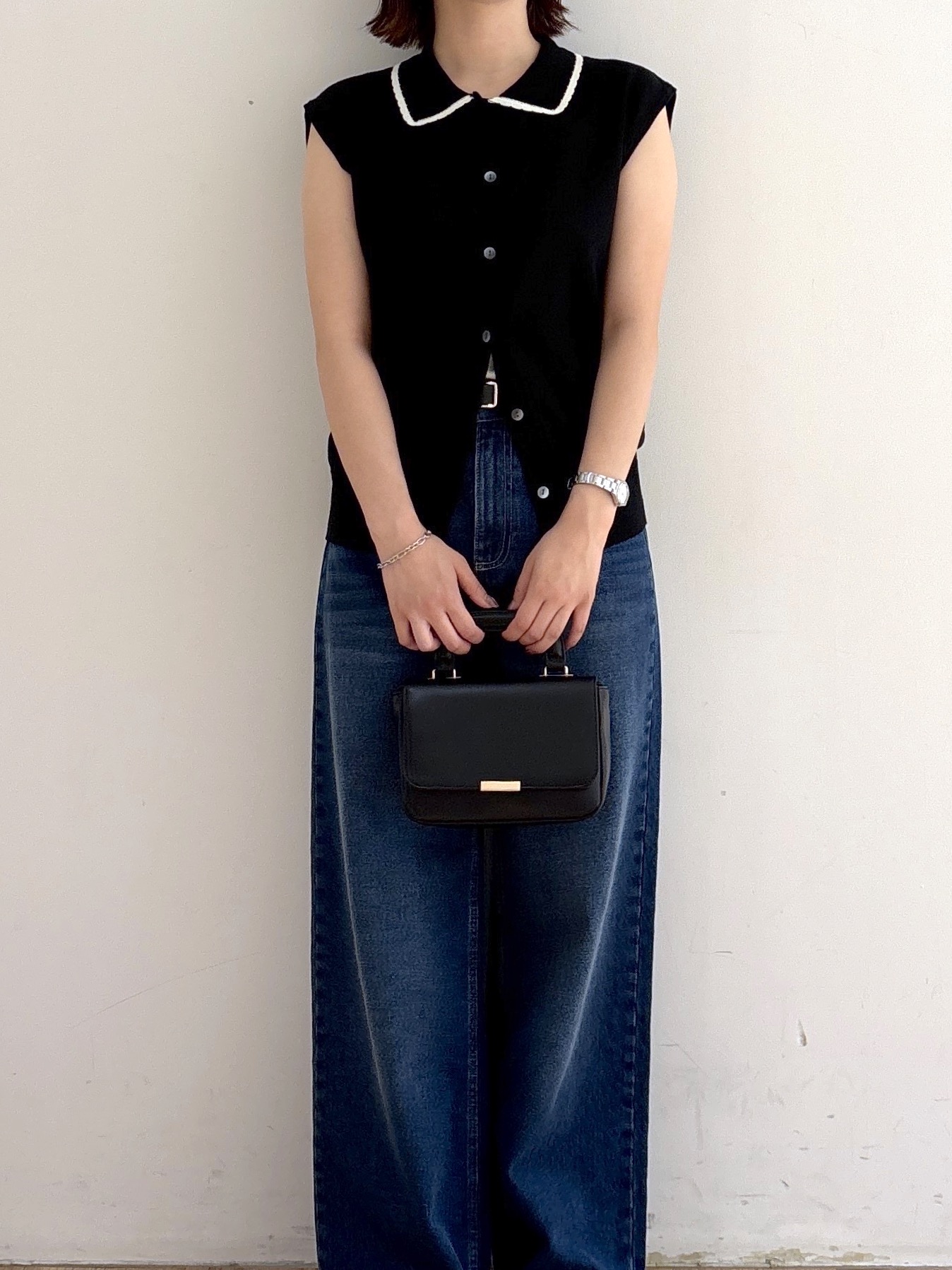 mireiさんの「OPAQUE.CLIP｜配色衿フレンチスリーブニット【洗濯機OK】」を使ったコーディネート