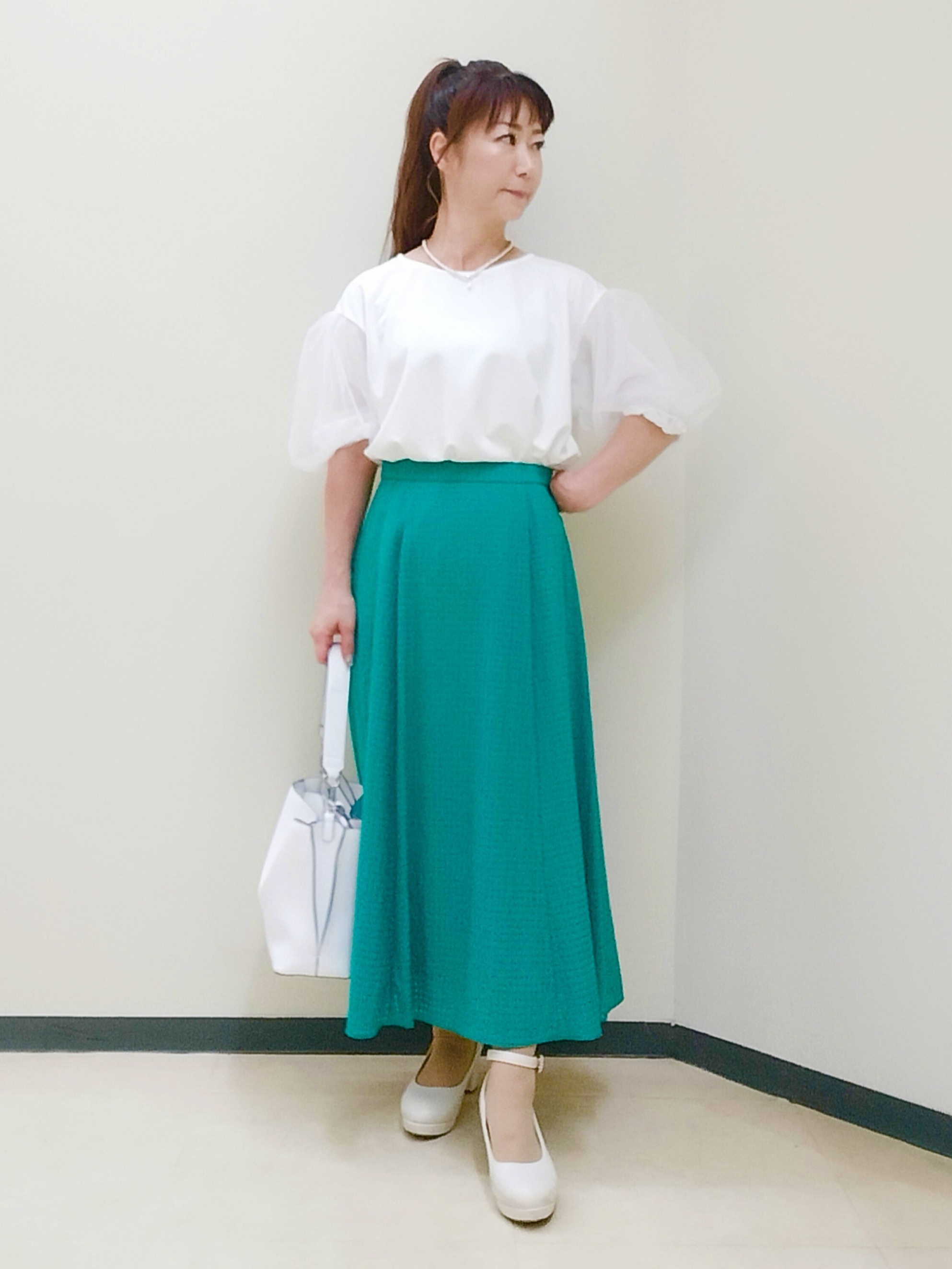 花さんの「Reflect｜【UVカット／接触冷感／吸水速乾】チュールスリーブプルオーバー」を使ったコーディネート