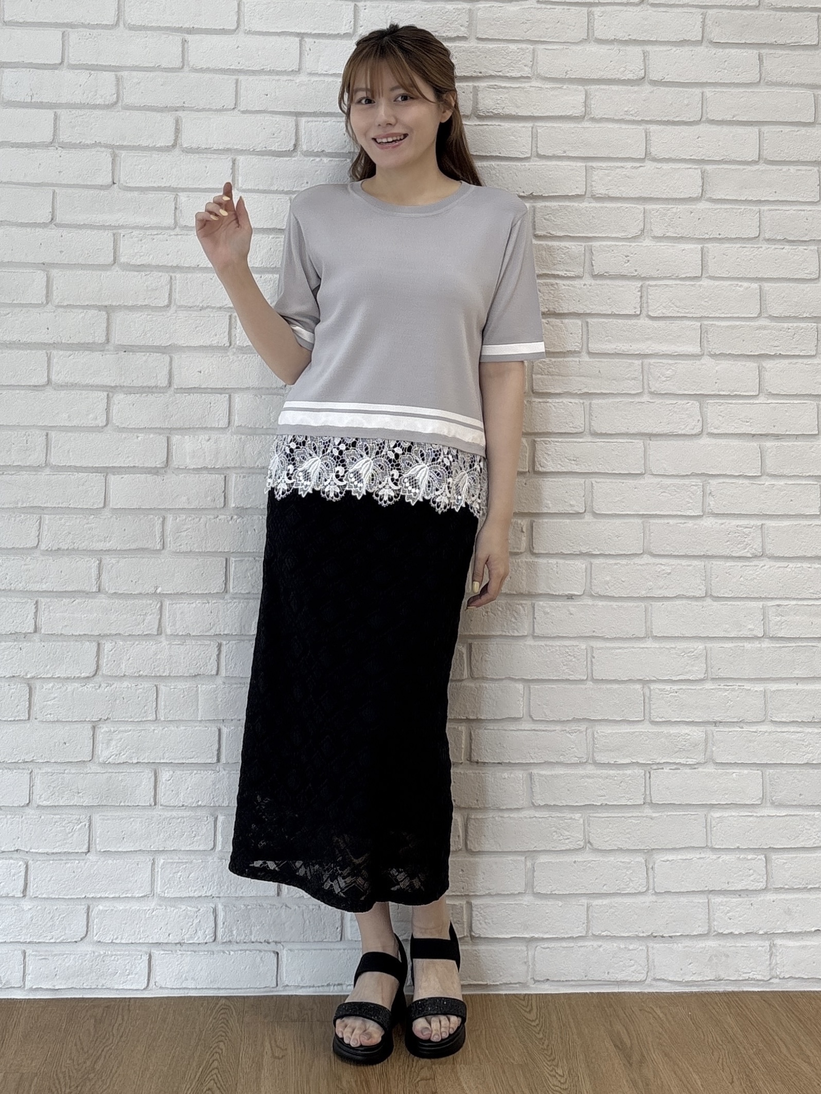 sayaさんの「grove｜【シリーズ累計36万枚／UVカット・洗濯機OK】やわらかドライタッチレースドッキングニット」を使ったコーディネート