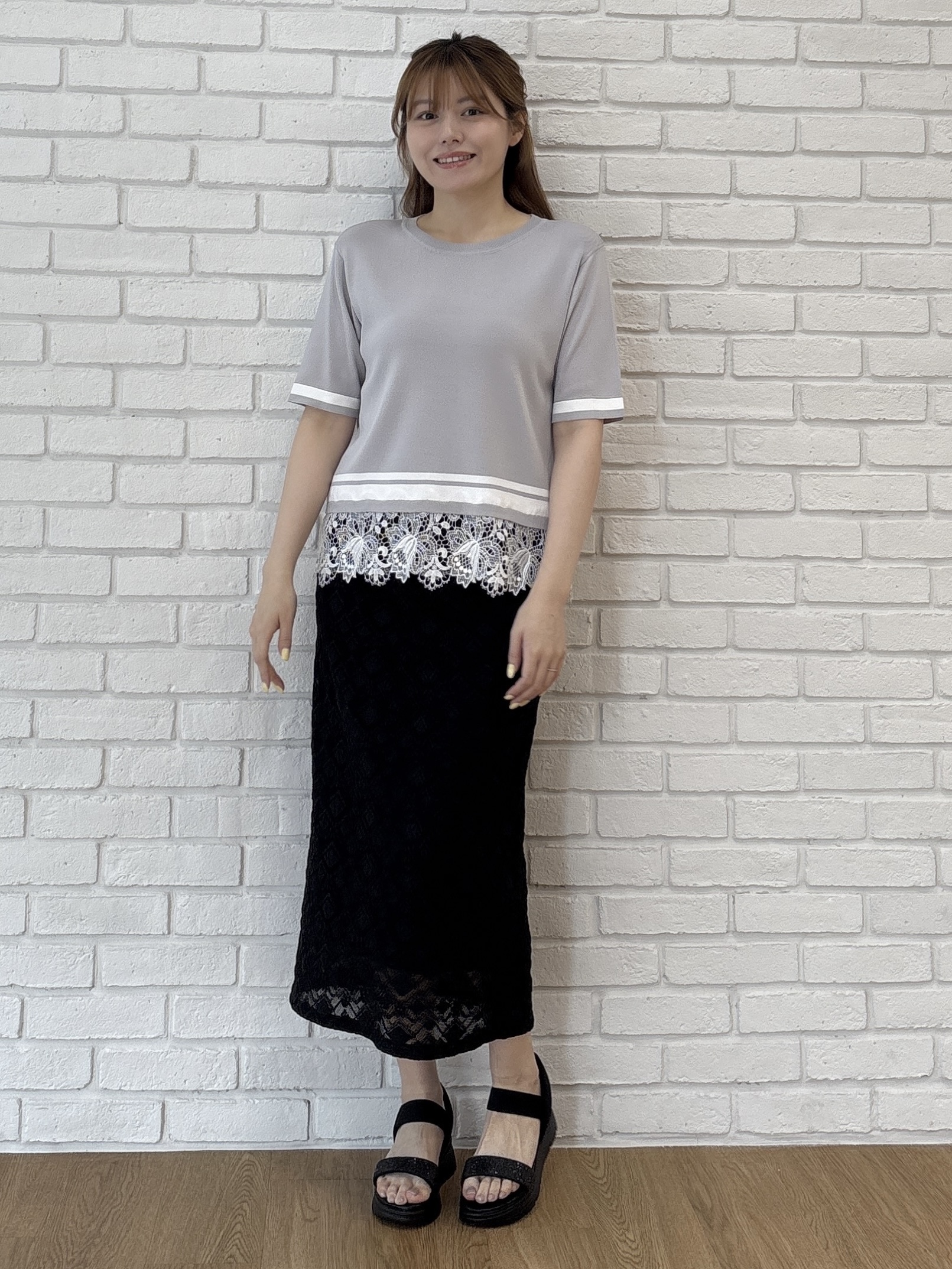 sayaさんの「grove｜【シリーズ累計36万枚／UVカット・洗濯機OK】やわらかドライタッチレースドッキングニット」を使ったコーディネート